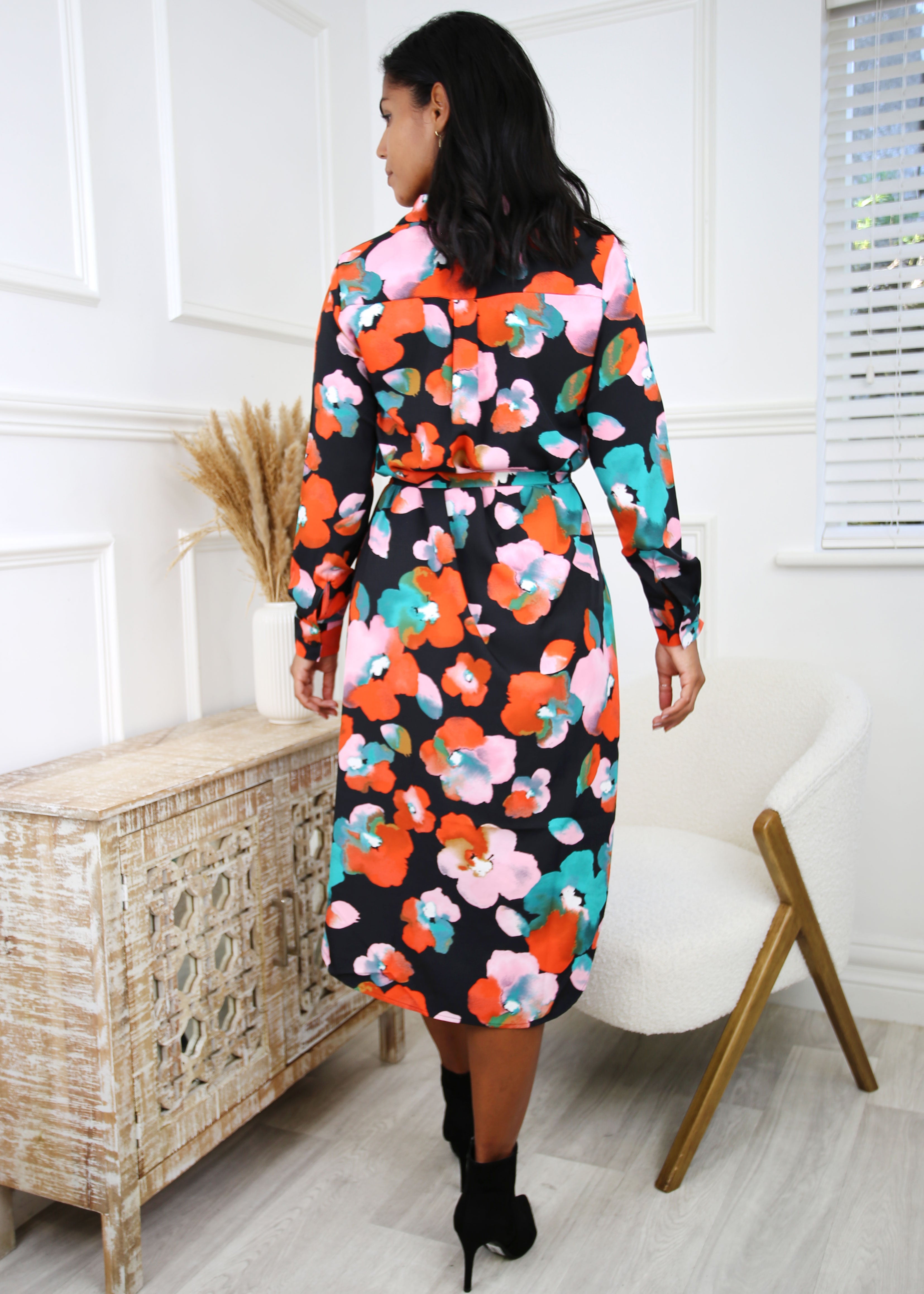 Siw Black Floral Print Midi Dress