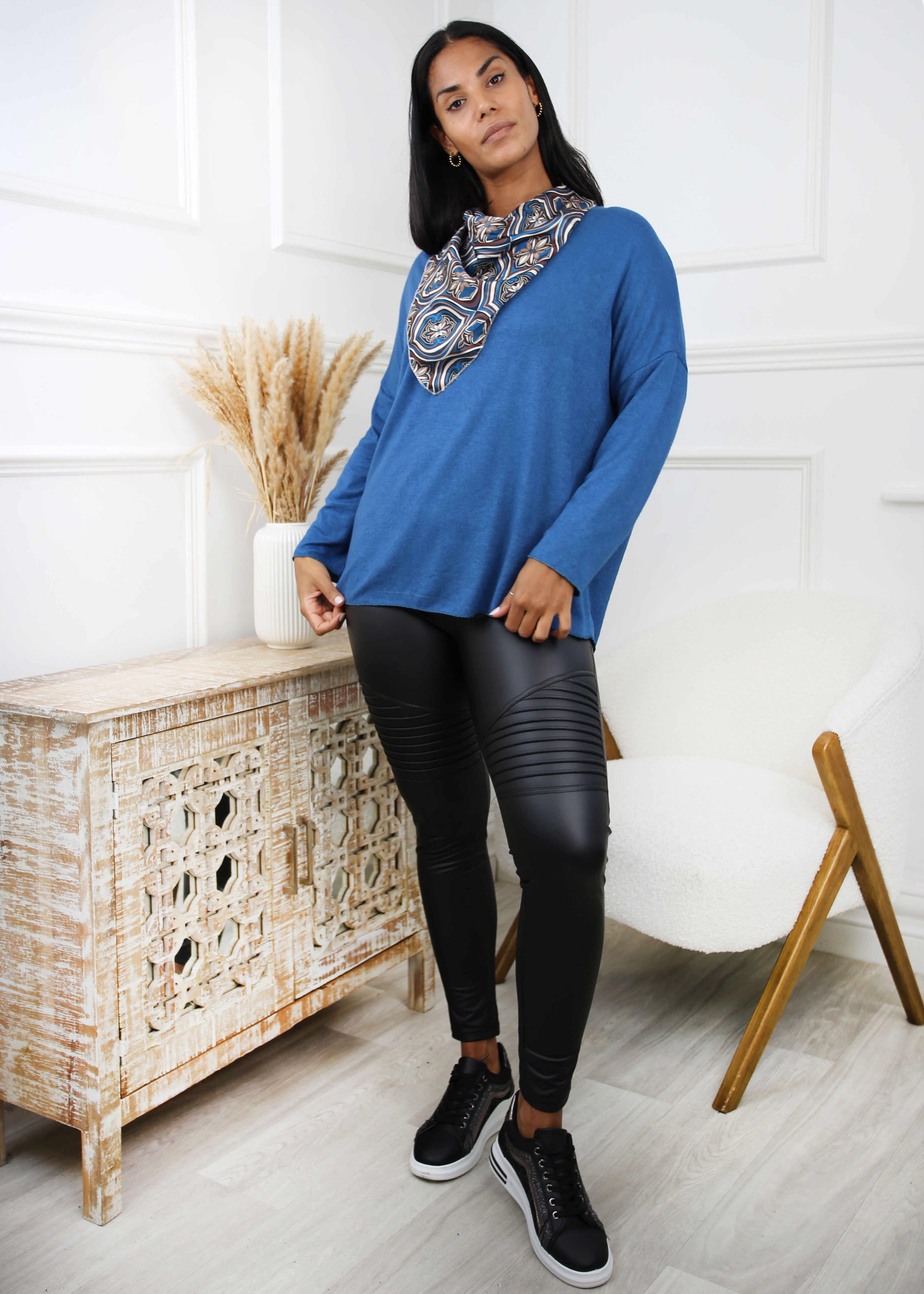 Piper Petrol Blue Fine Knit Top With Scarf