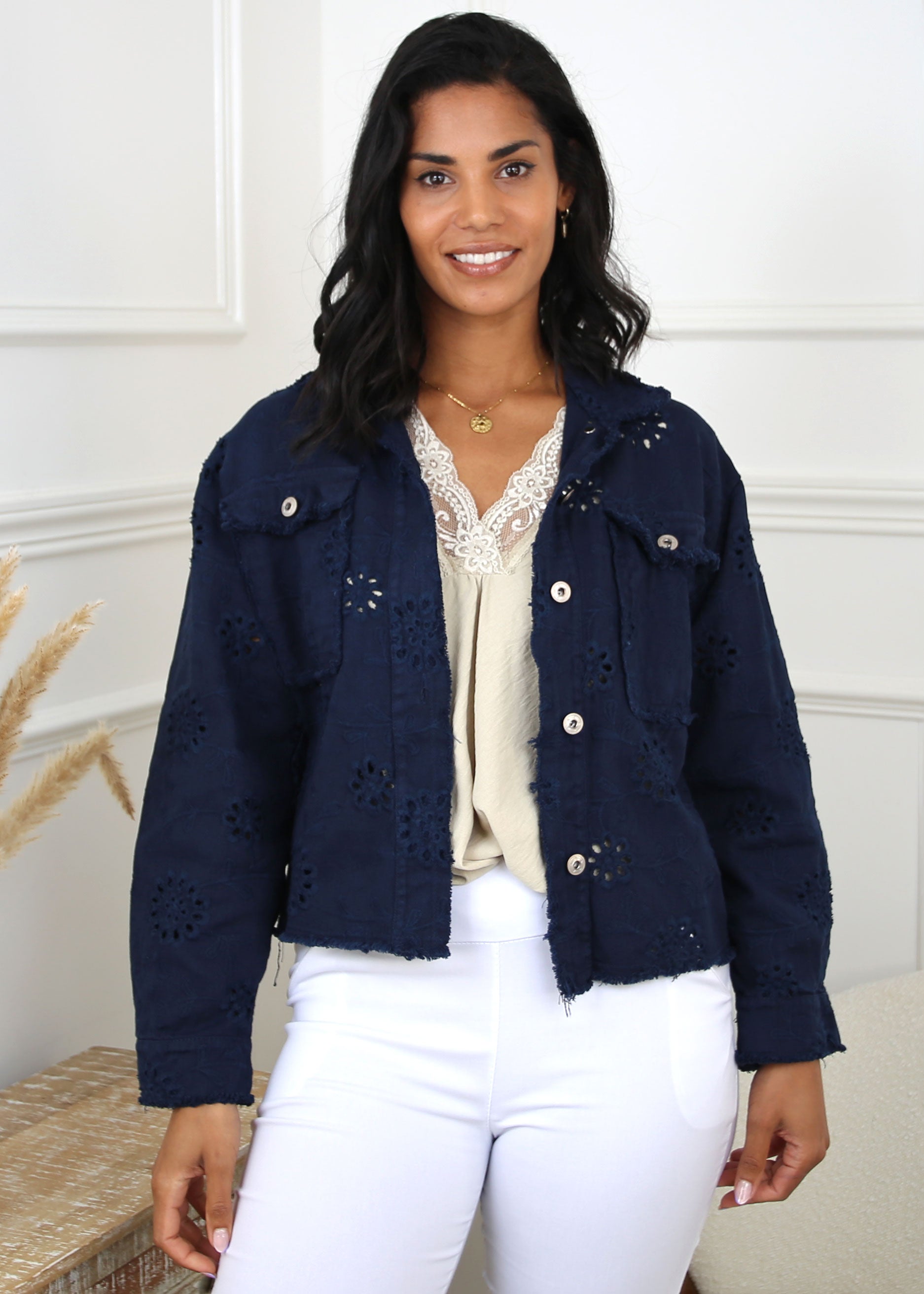 Rylee Navy Embroidered Denim Jacket