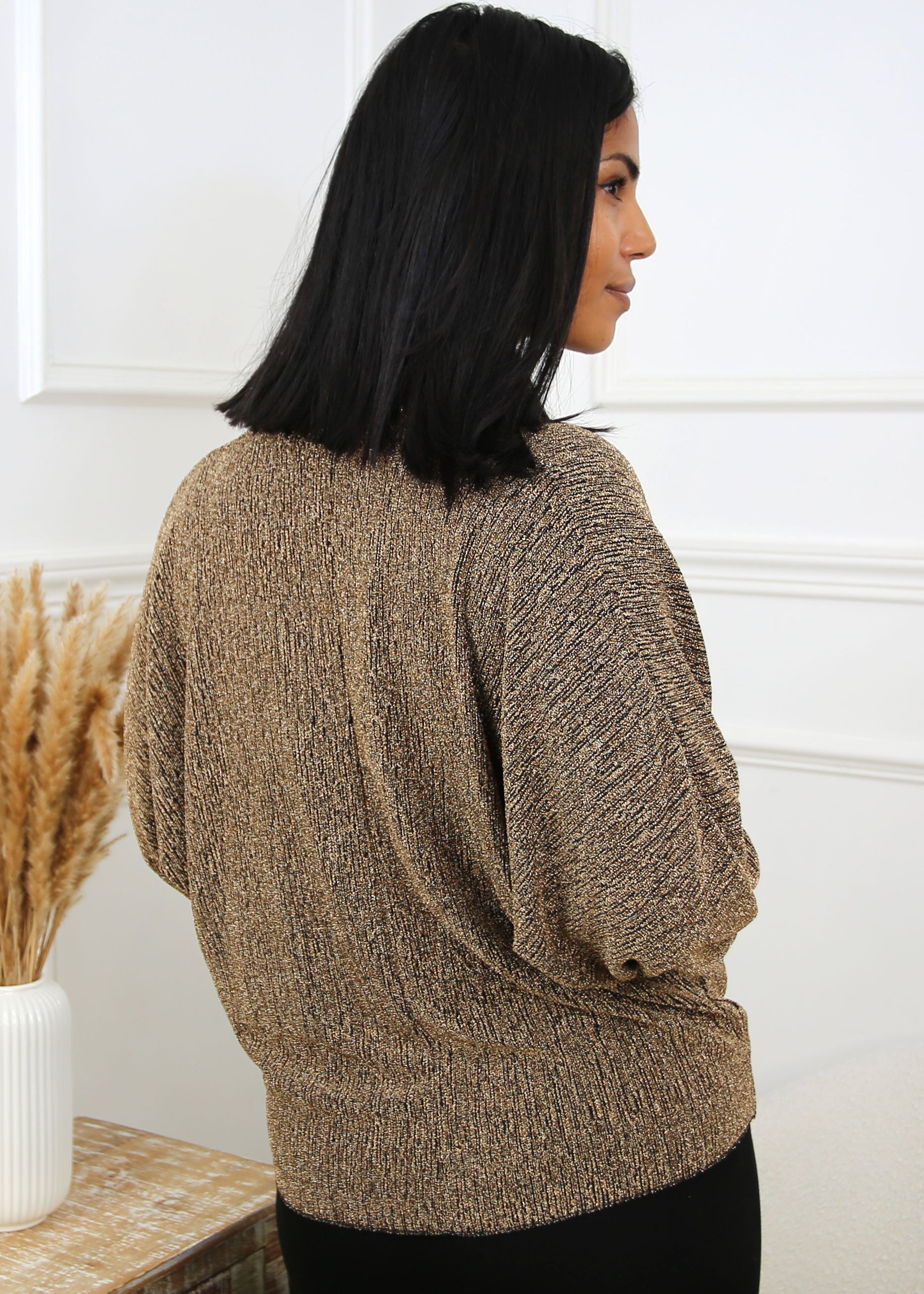 Larson Glitter Gold Jewel Neck Top