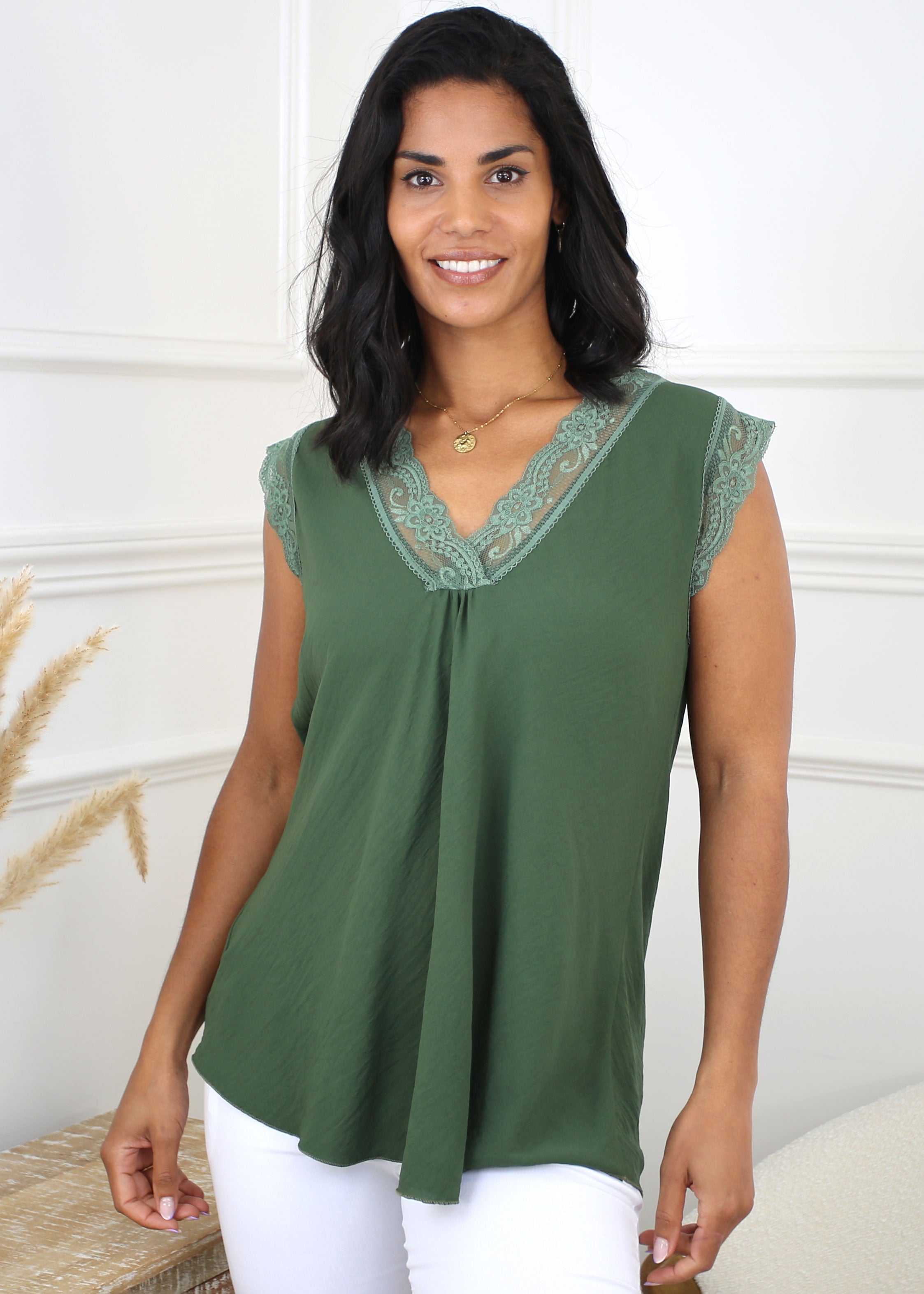 Ivana Green Lace Detail Top