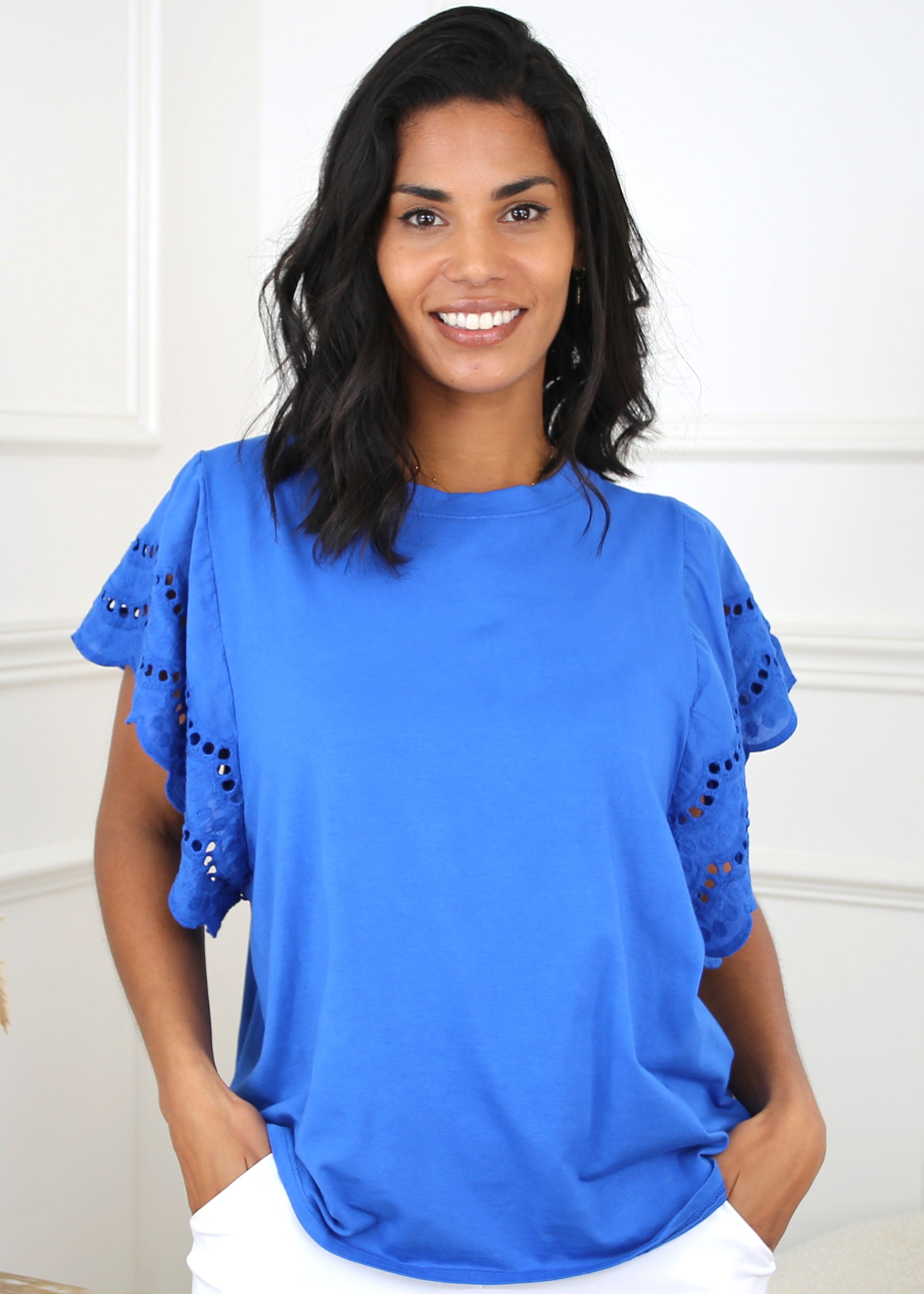Duana Royal Blue Broderie Sleeve T-Shirt