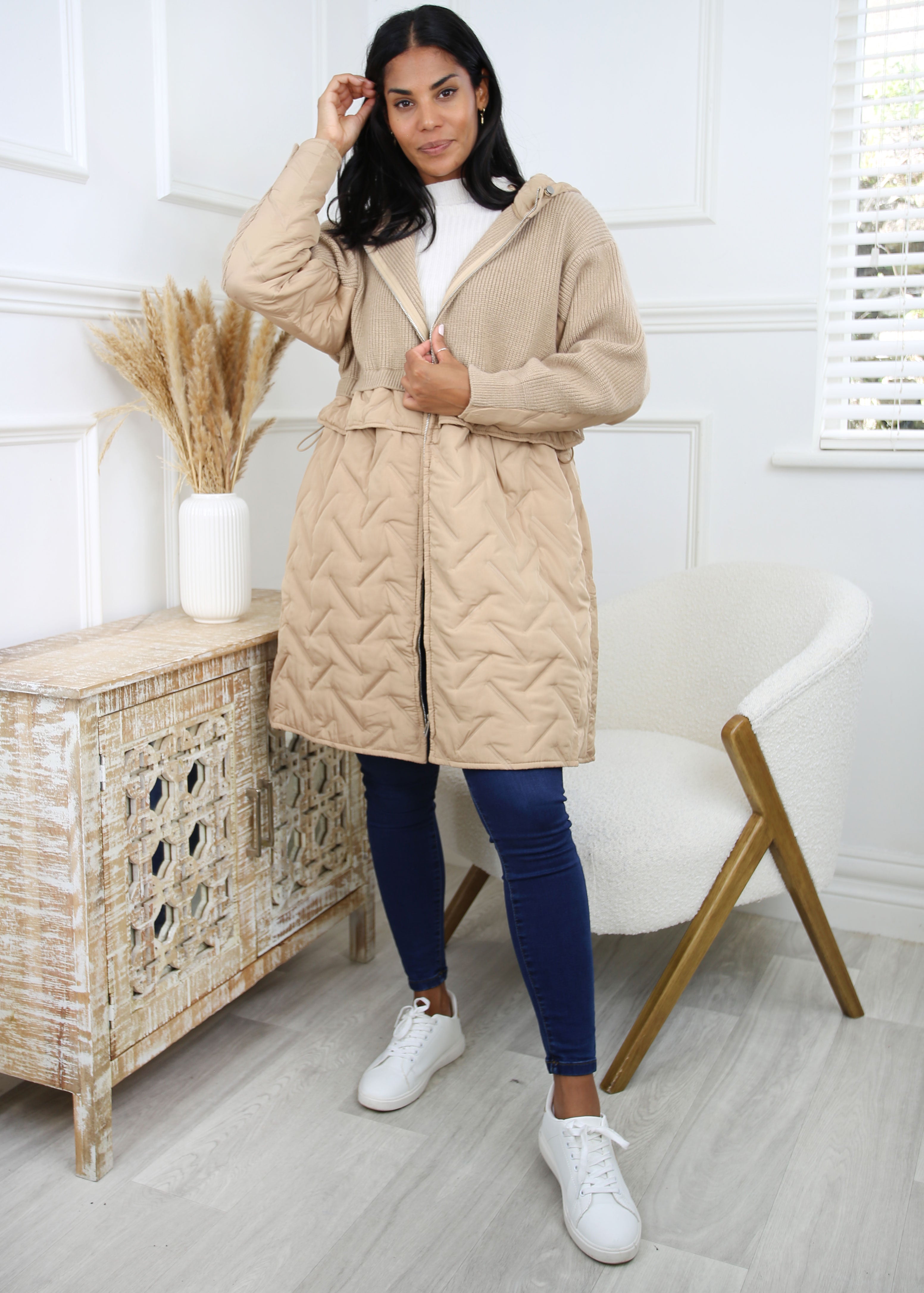 Jeanette Beige Quilt Detail Hybrid Coat