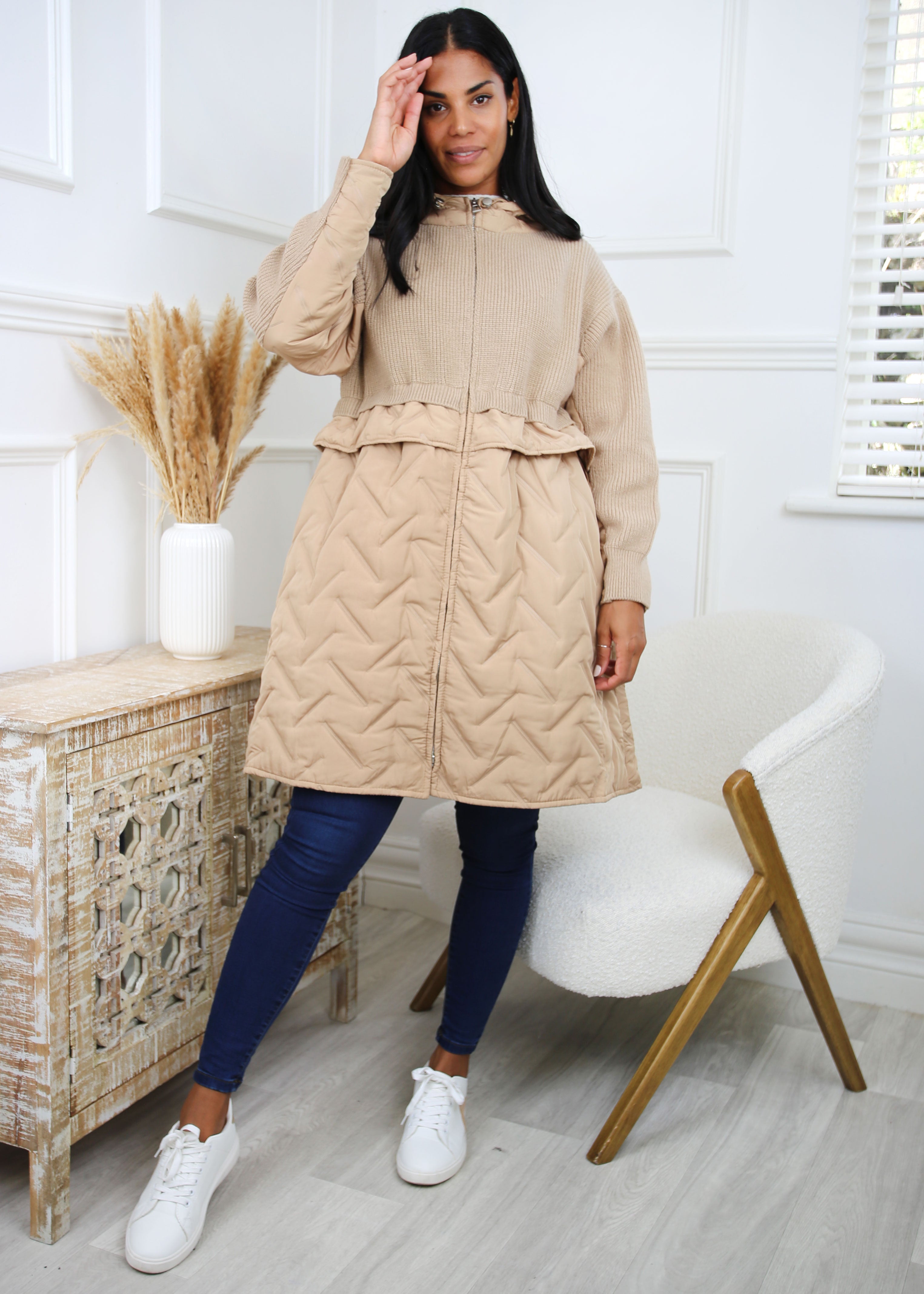Jeanette Beige Quilt Detail Hybrid Coat
