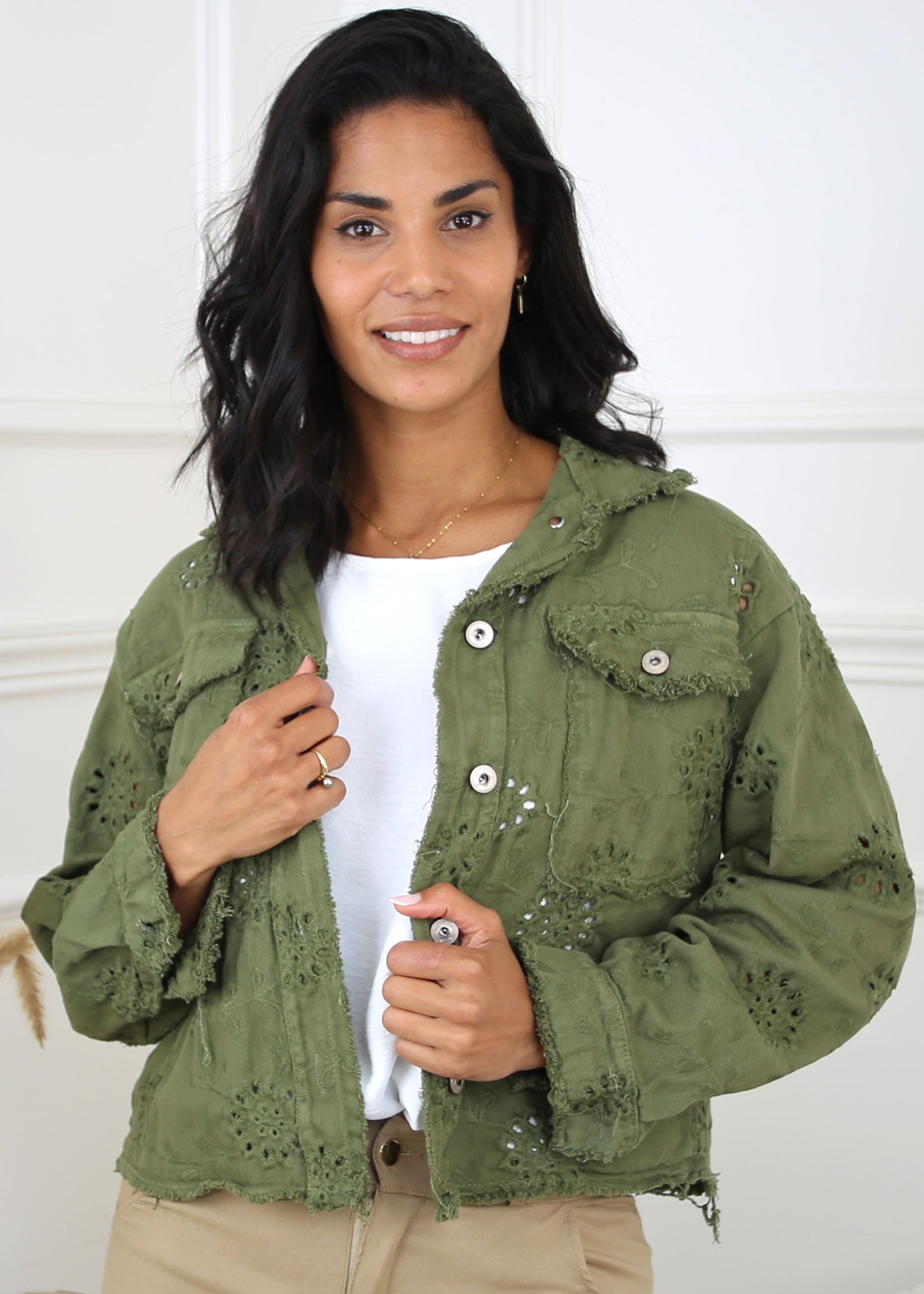 Rylee Khaki Embroidered Denim Jacket