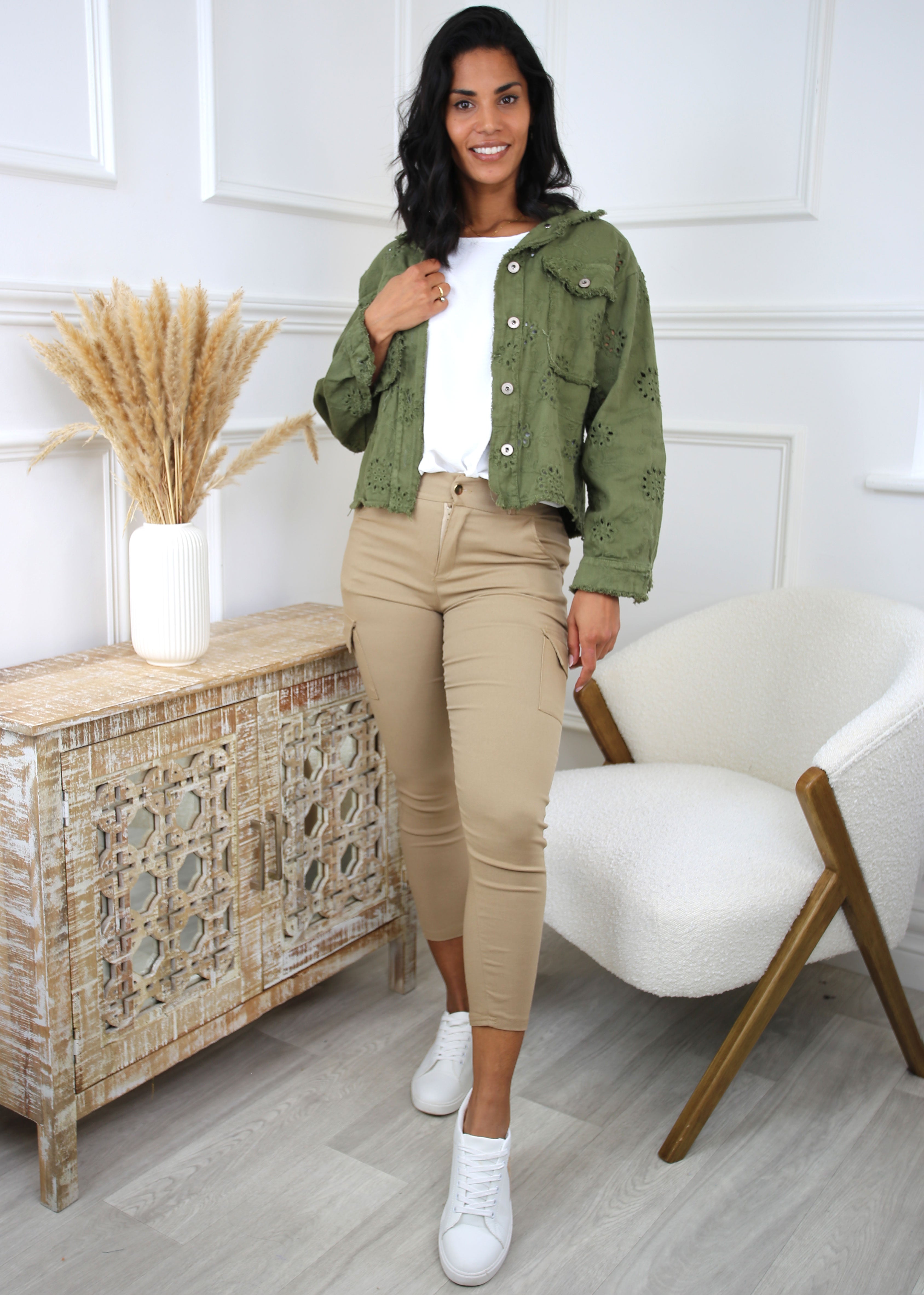 Rylee Khaki Embroidered Denim Jacket