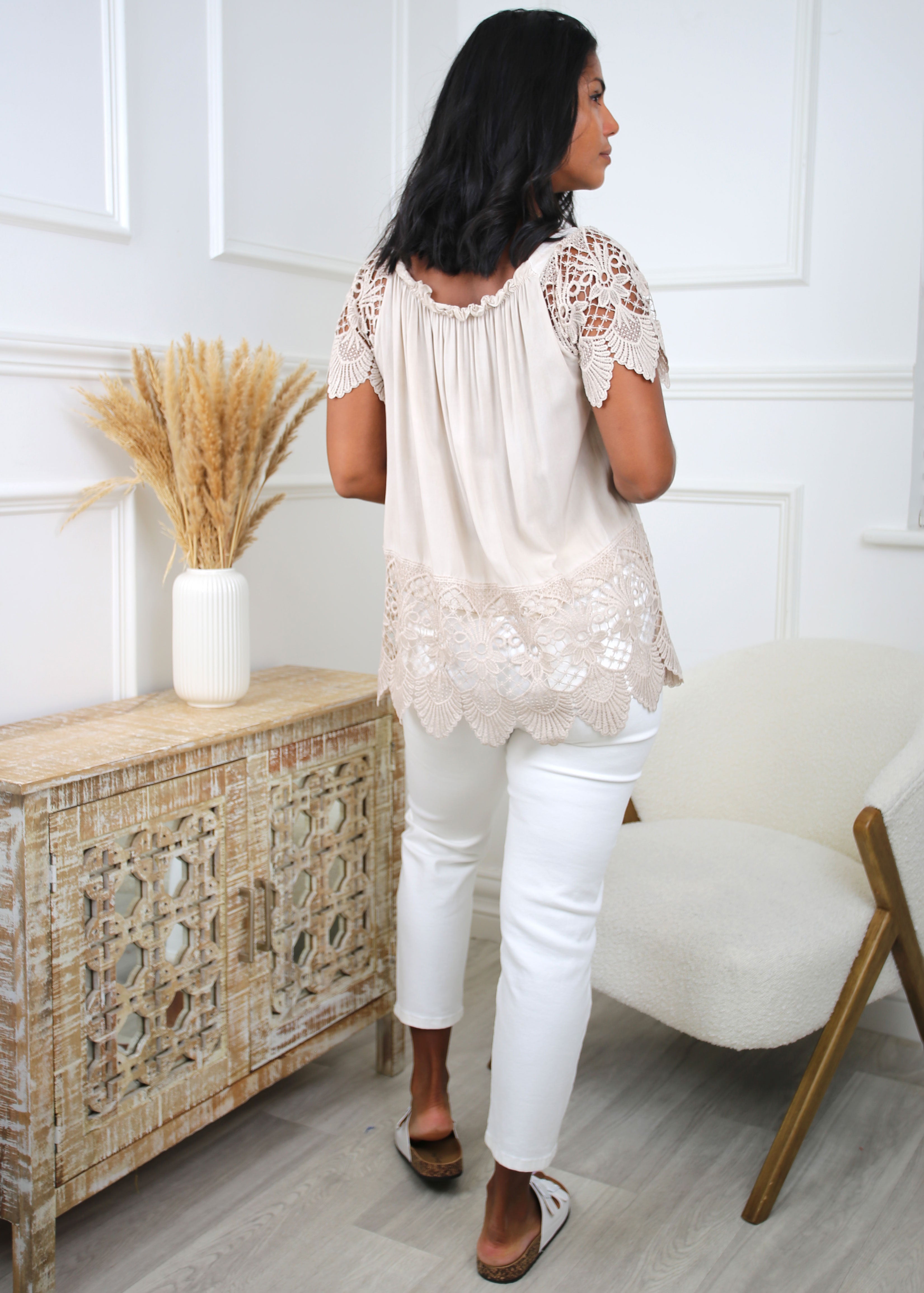 Mattie Beige Lace Bardot Top