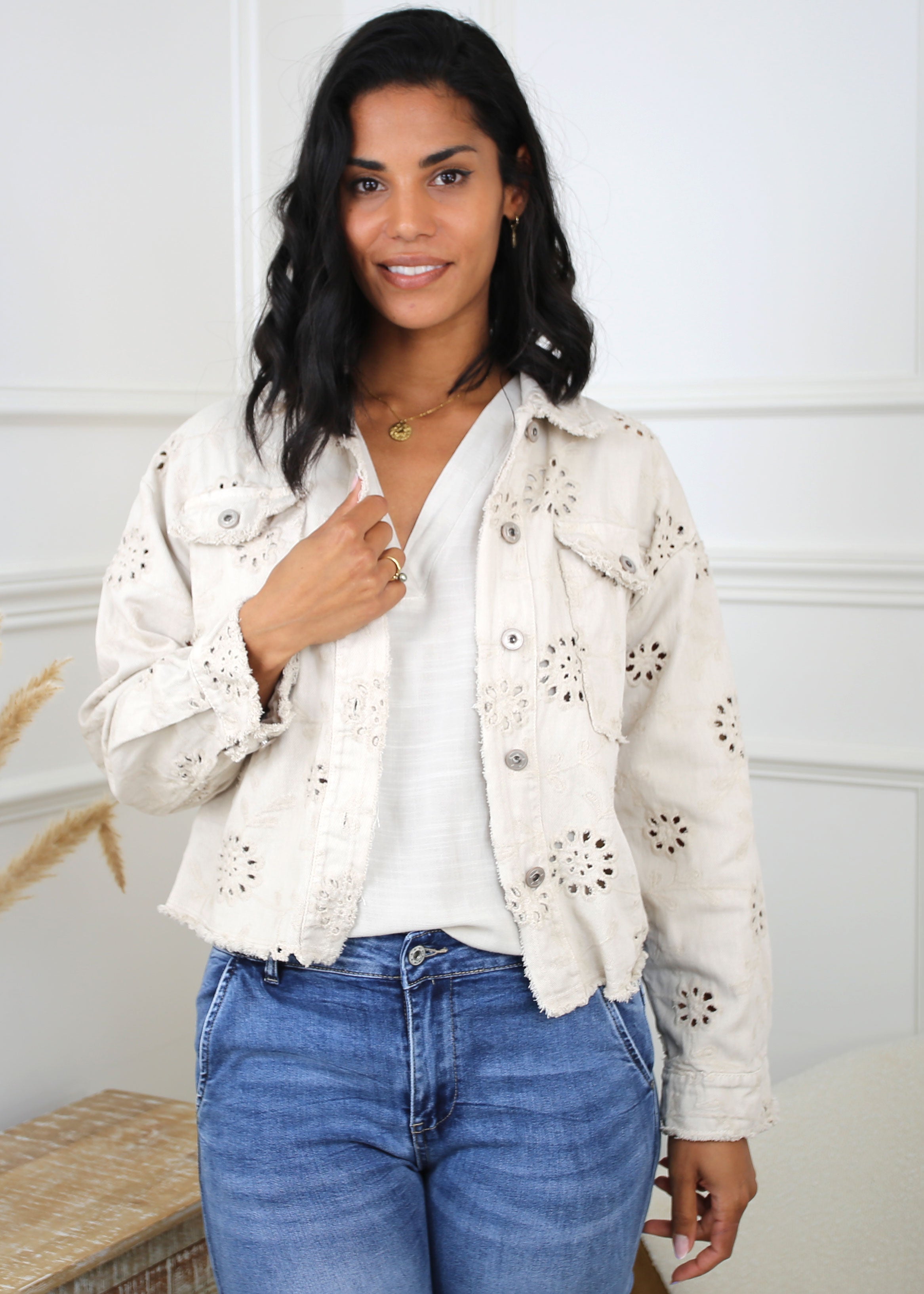 Rylee Beige Embroidered Denim Jacket