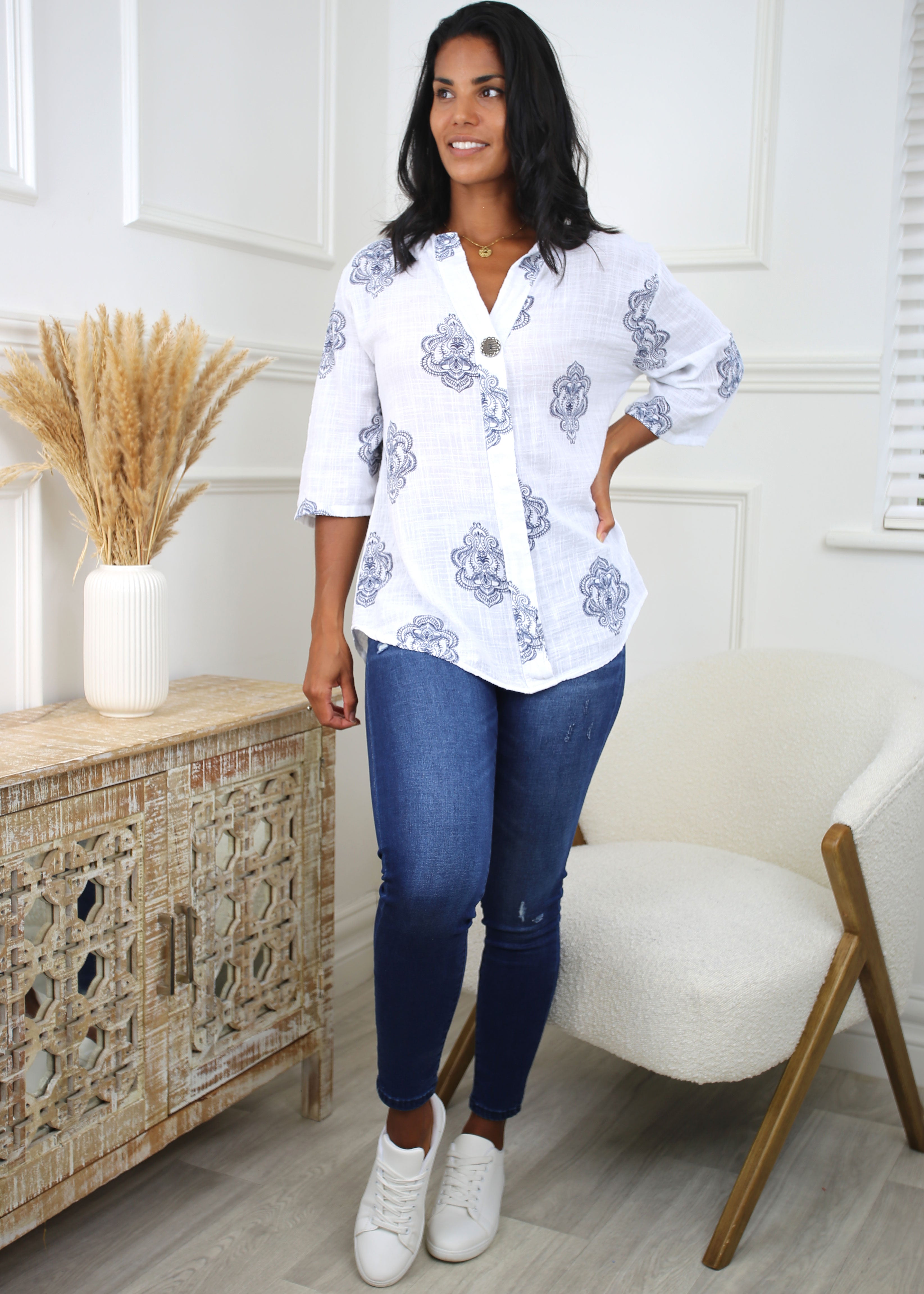 Solange White Mandala Print Top