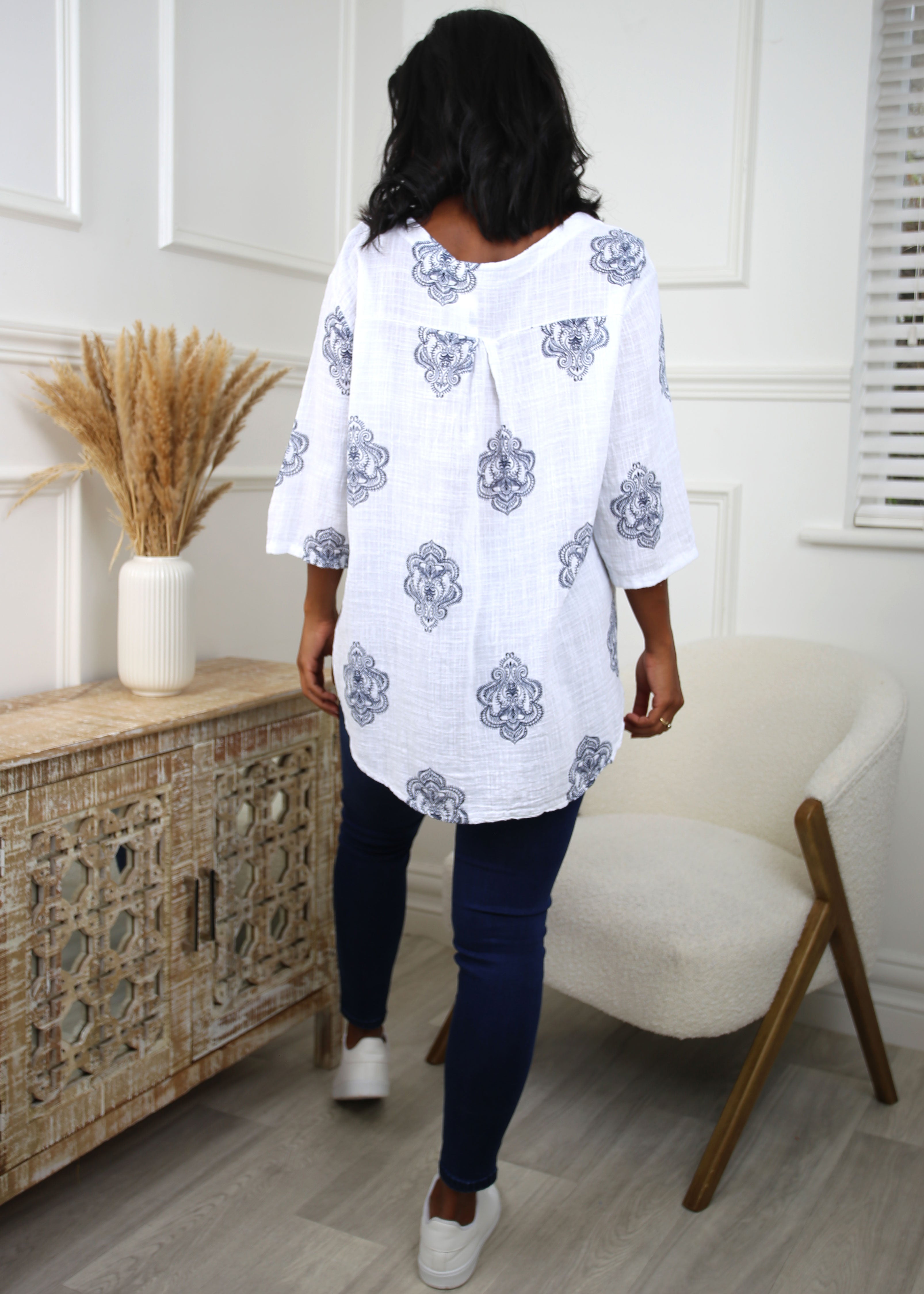 Solange White Mandala Print Top