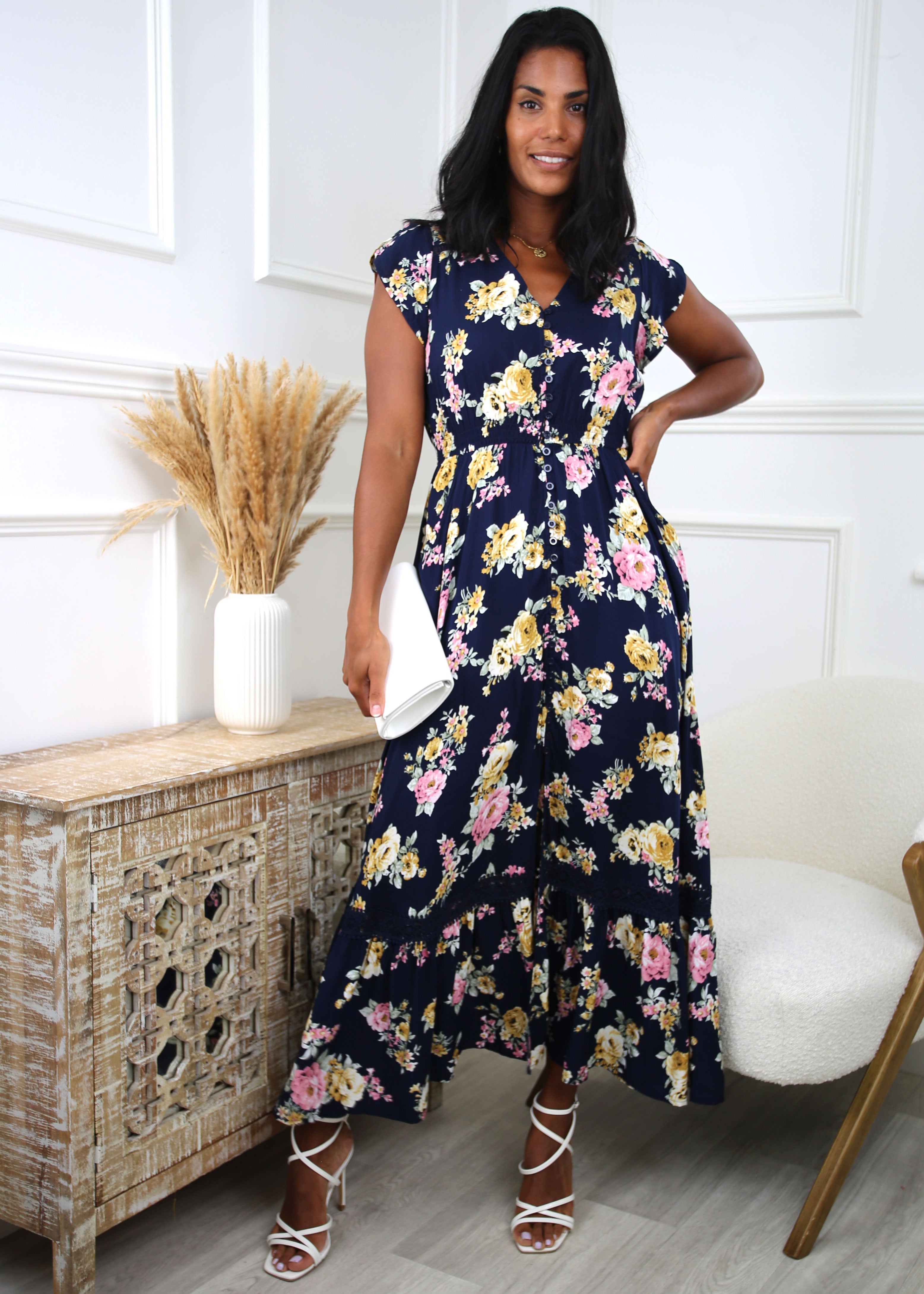 Yolanta Navy Floral Boho Maxi Dress