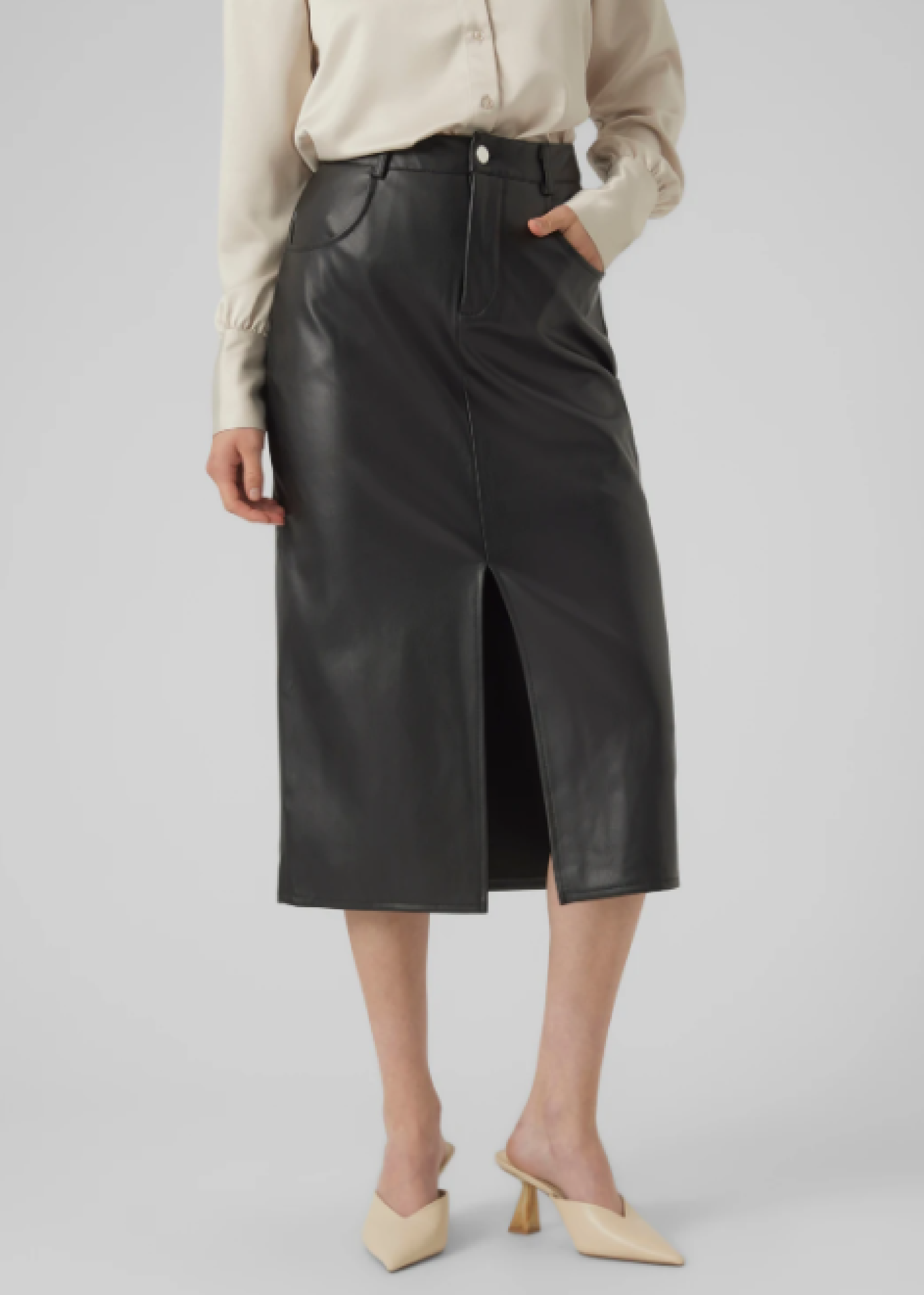 Sif Black Faux Leather Midi Skirt