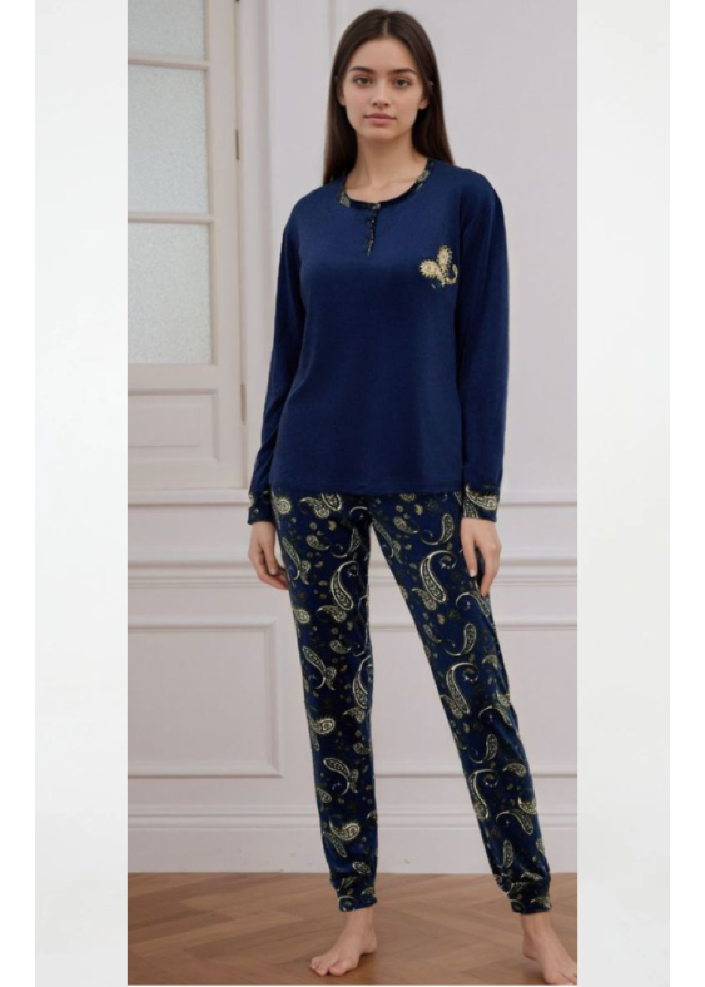 Bristol Navy Paisley Print Velour Pajama