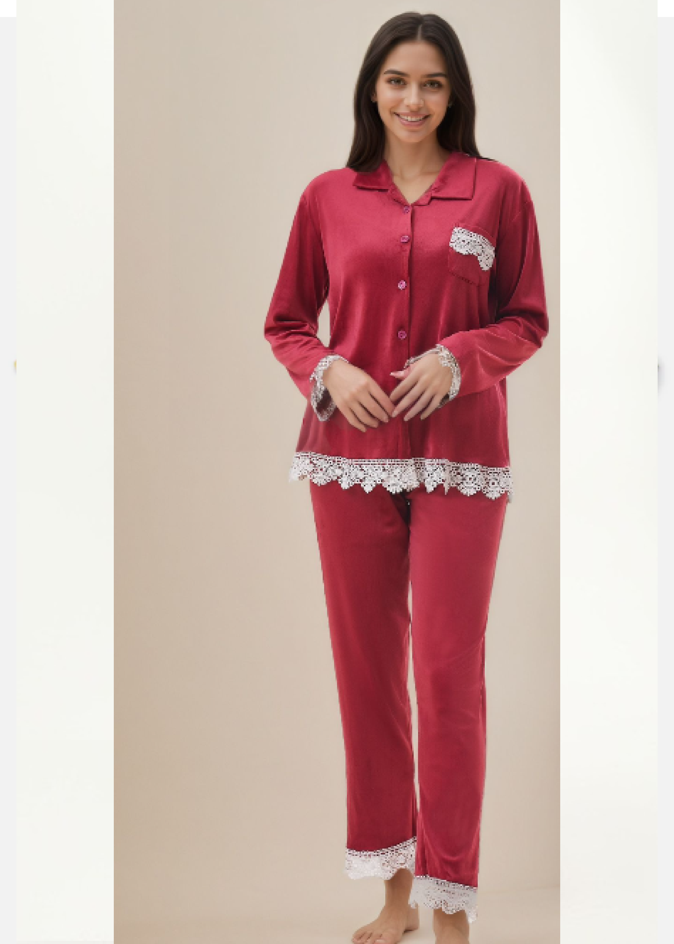 Meriah Wine Lace Detail Velour Pajama