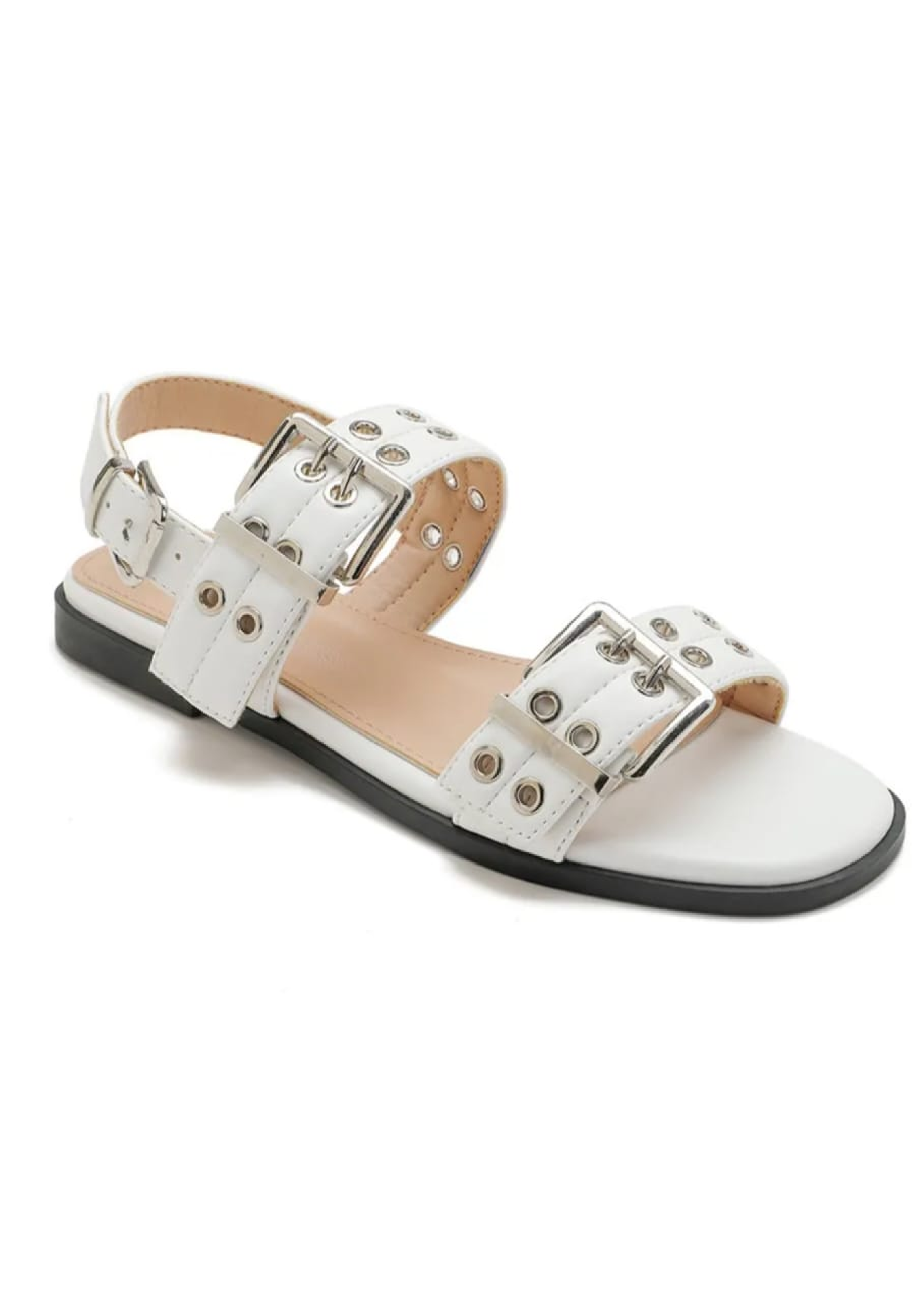 Amira White Double Buckle Flat Sandals