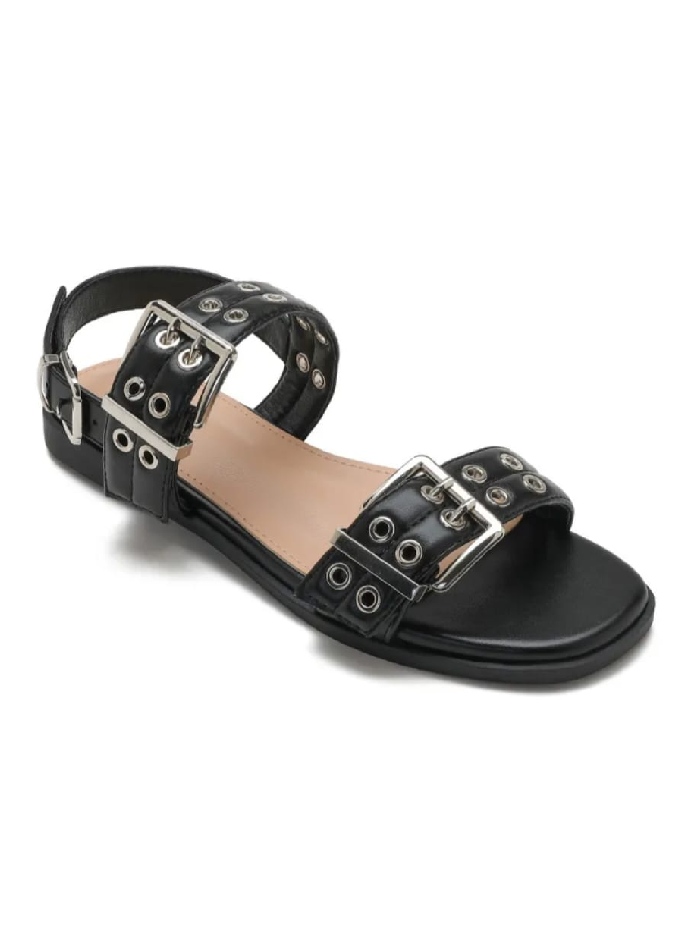Amira Black Double Buckle Flat Sandals