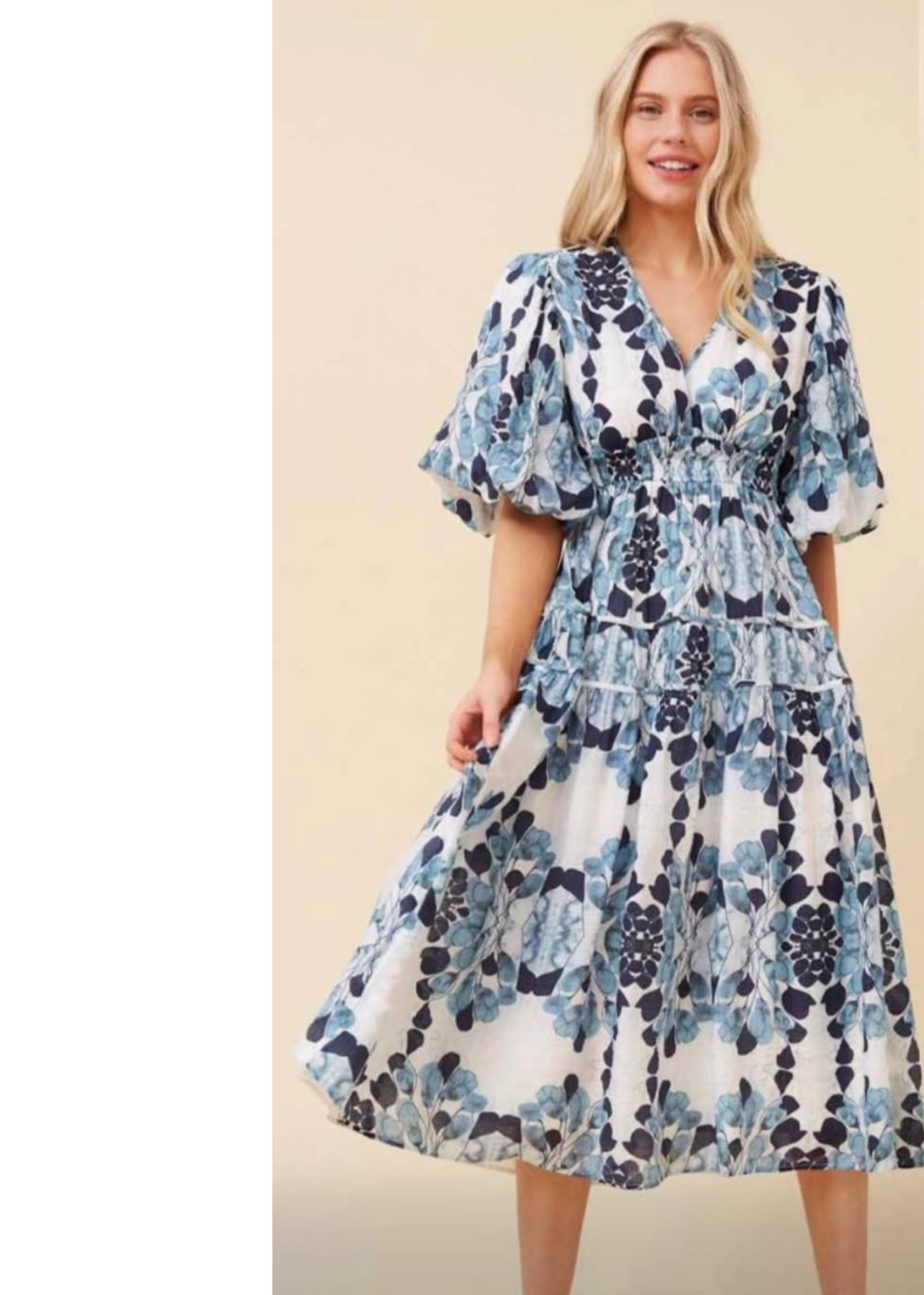Niamh Blue Puff Sleeve Midi Dress