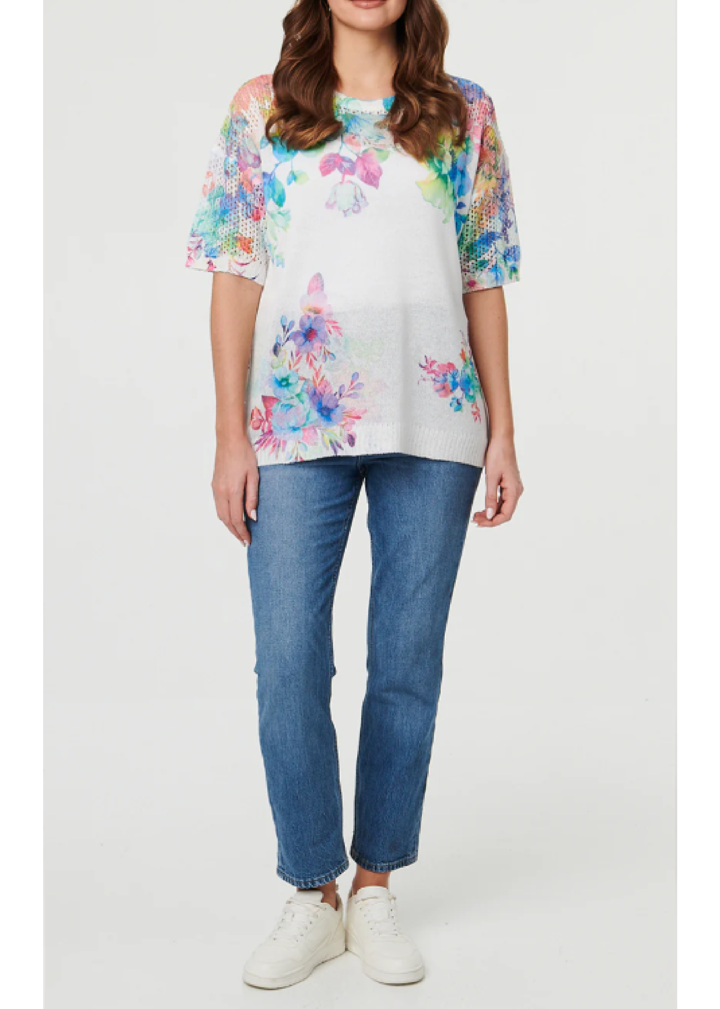 Imelda White Mesh Sleeve Floral Top