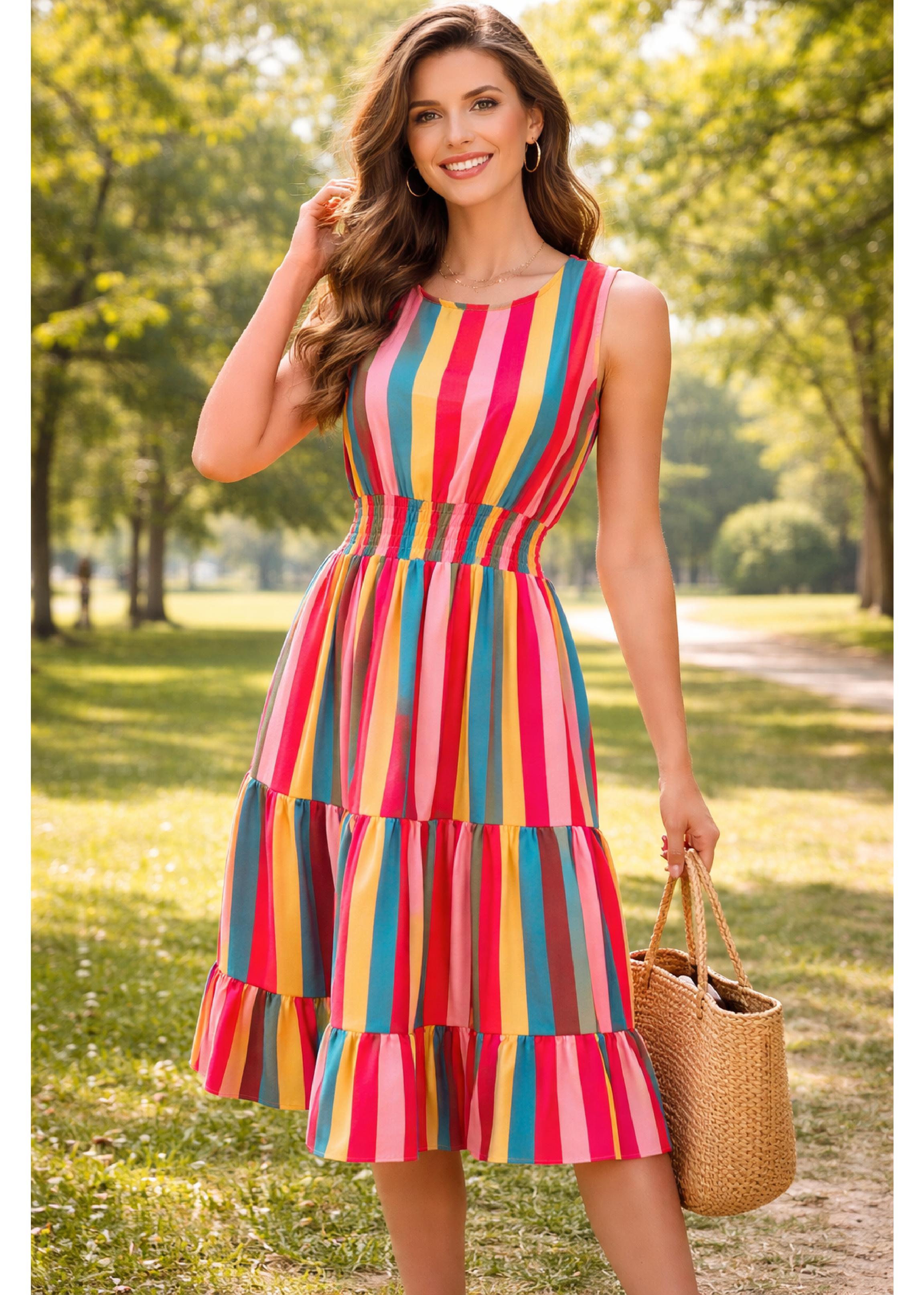 Jaclyn Red Striped Tiered Midi Dress