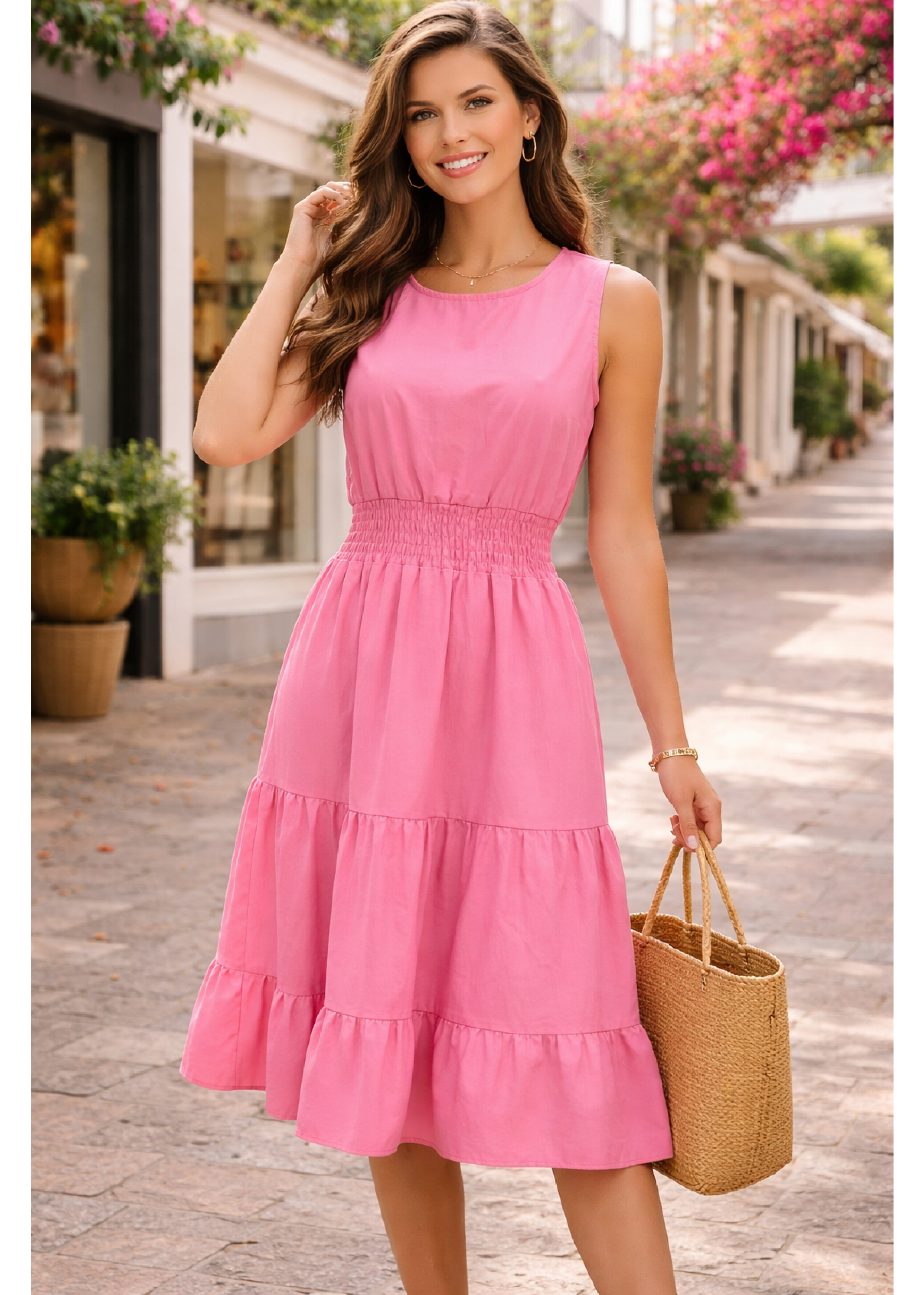 Violeta Pink Tiered Midi Dress
