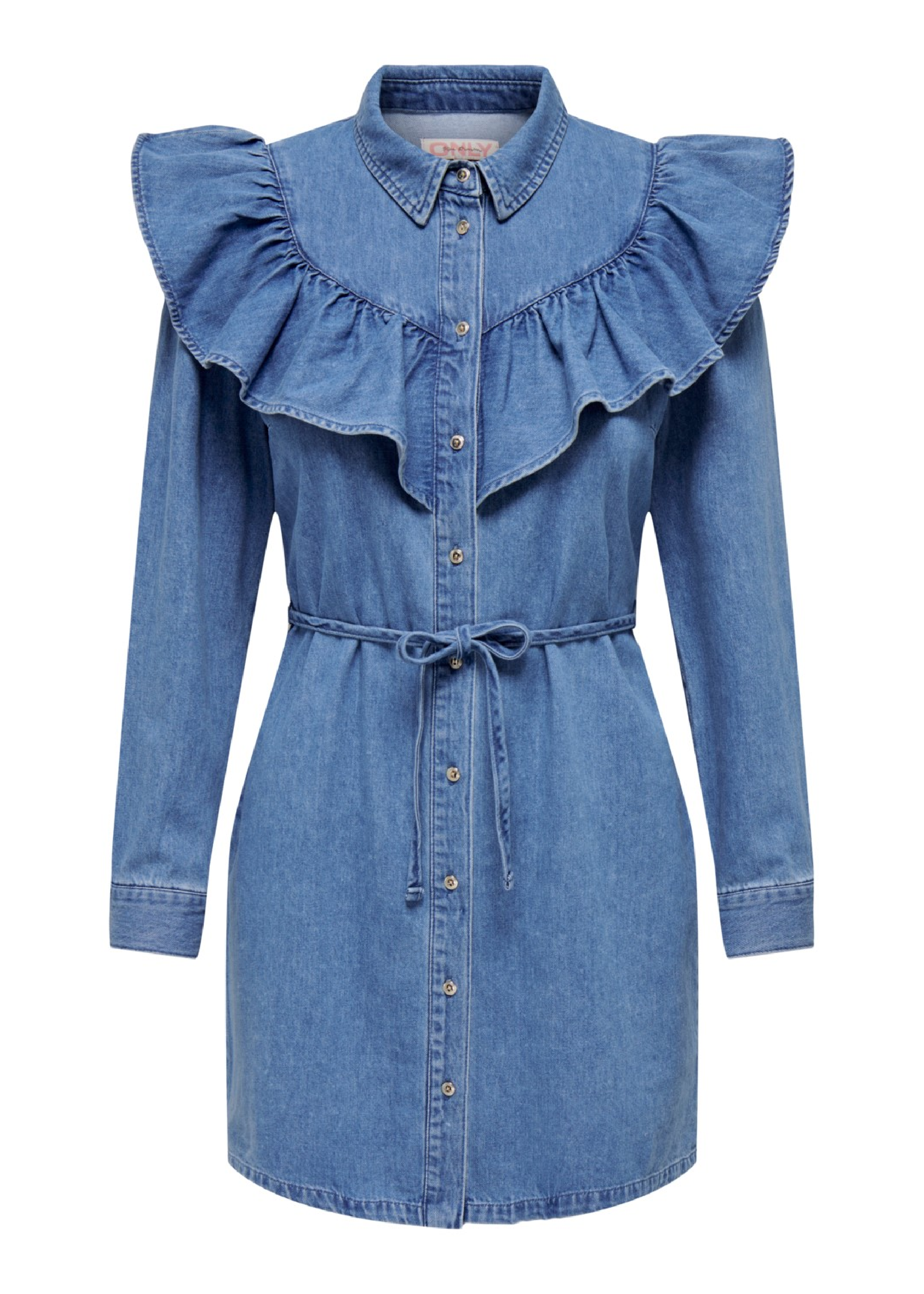 Indigo Denim Ruffle Detail Mini Dress