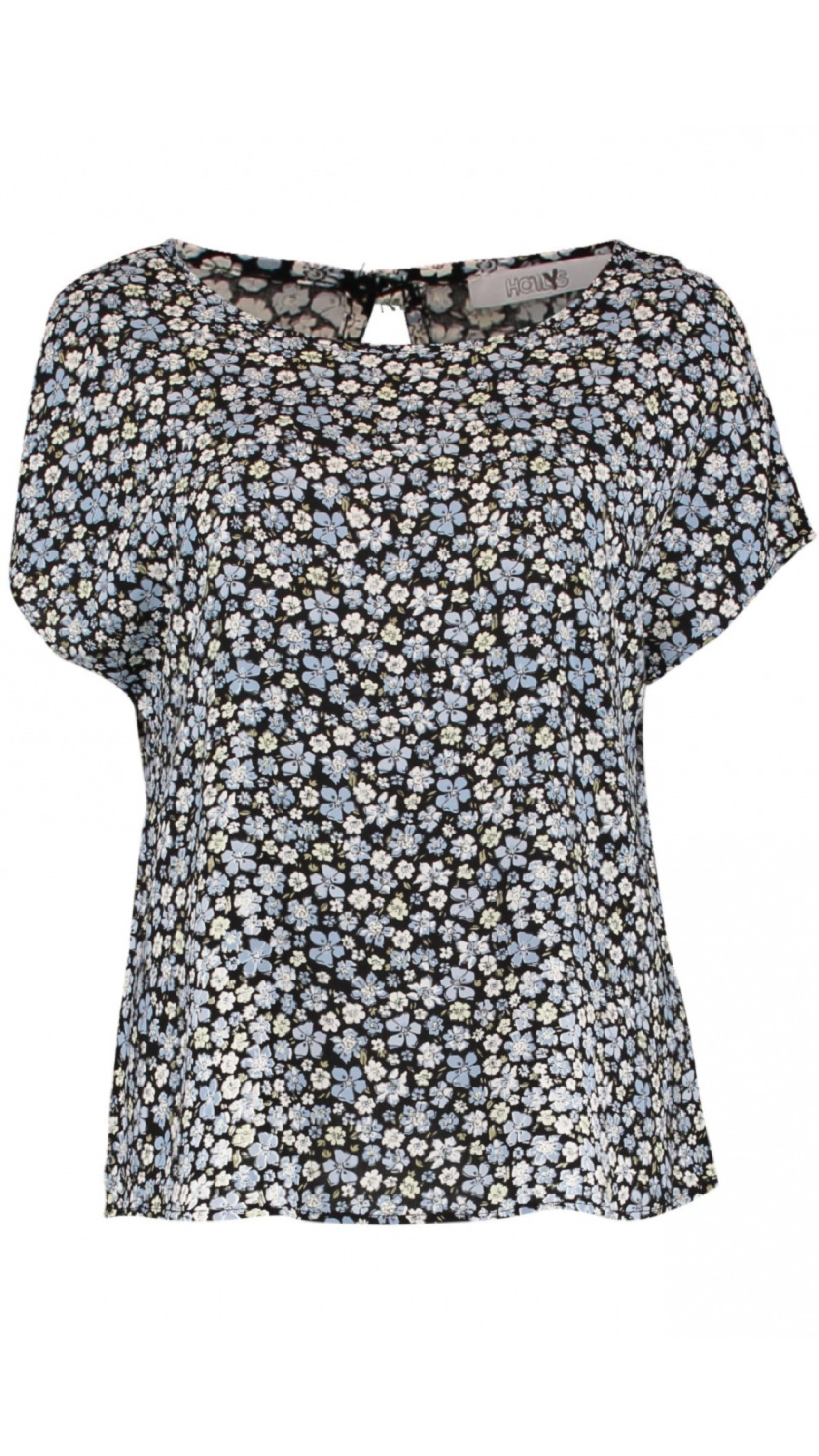 Farina Black Blue Flower Print Top