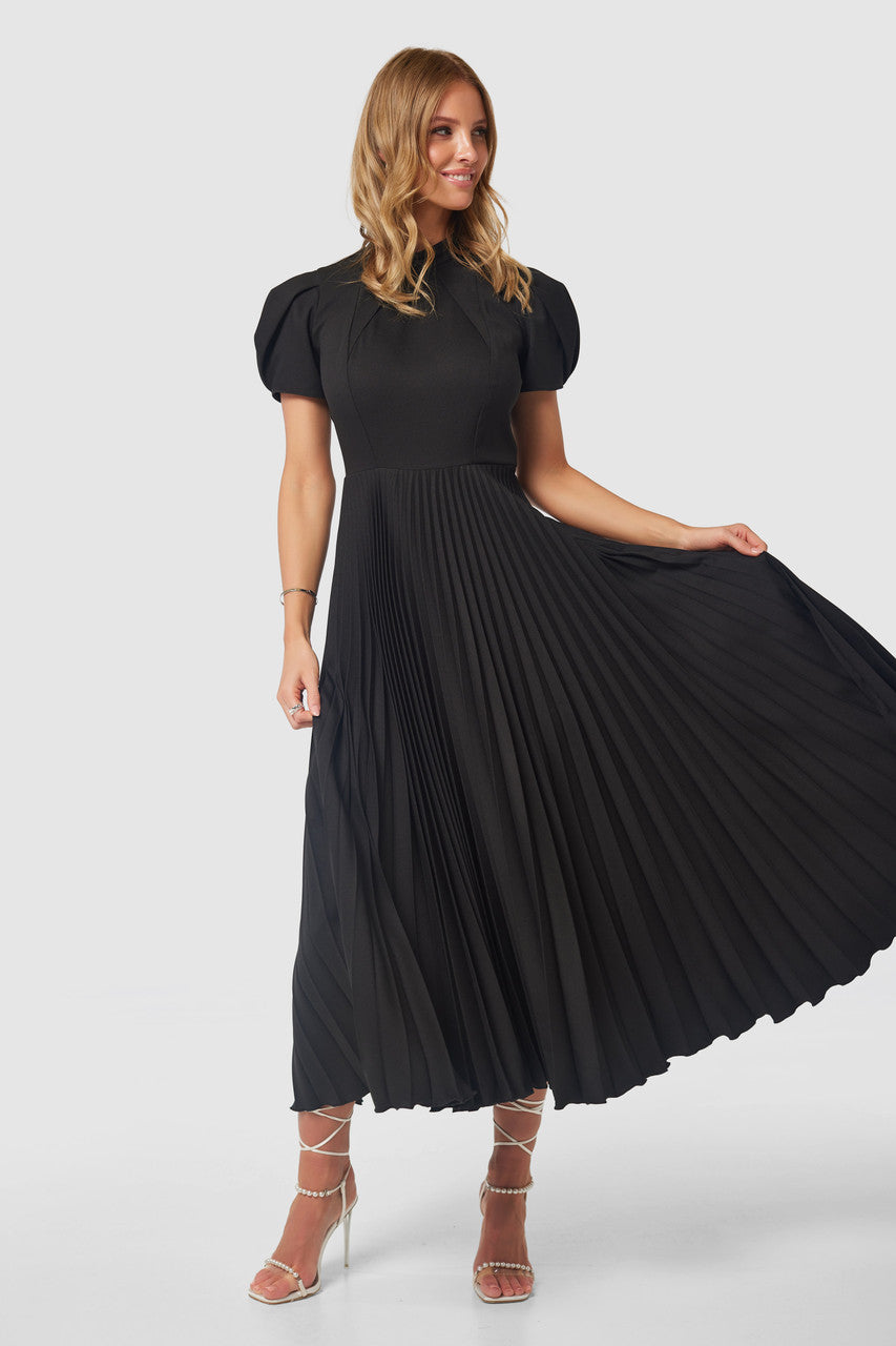 Lilia Black Pleated Midi Dress