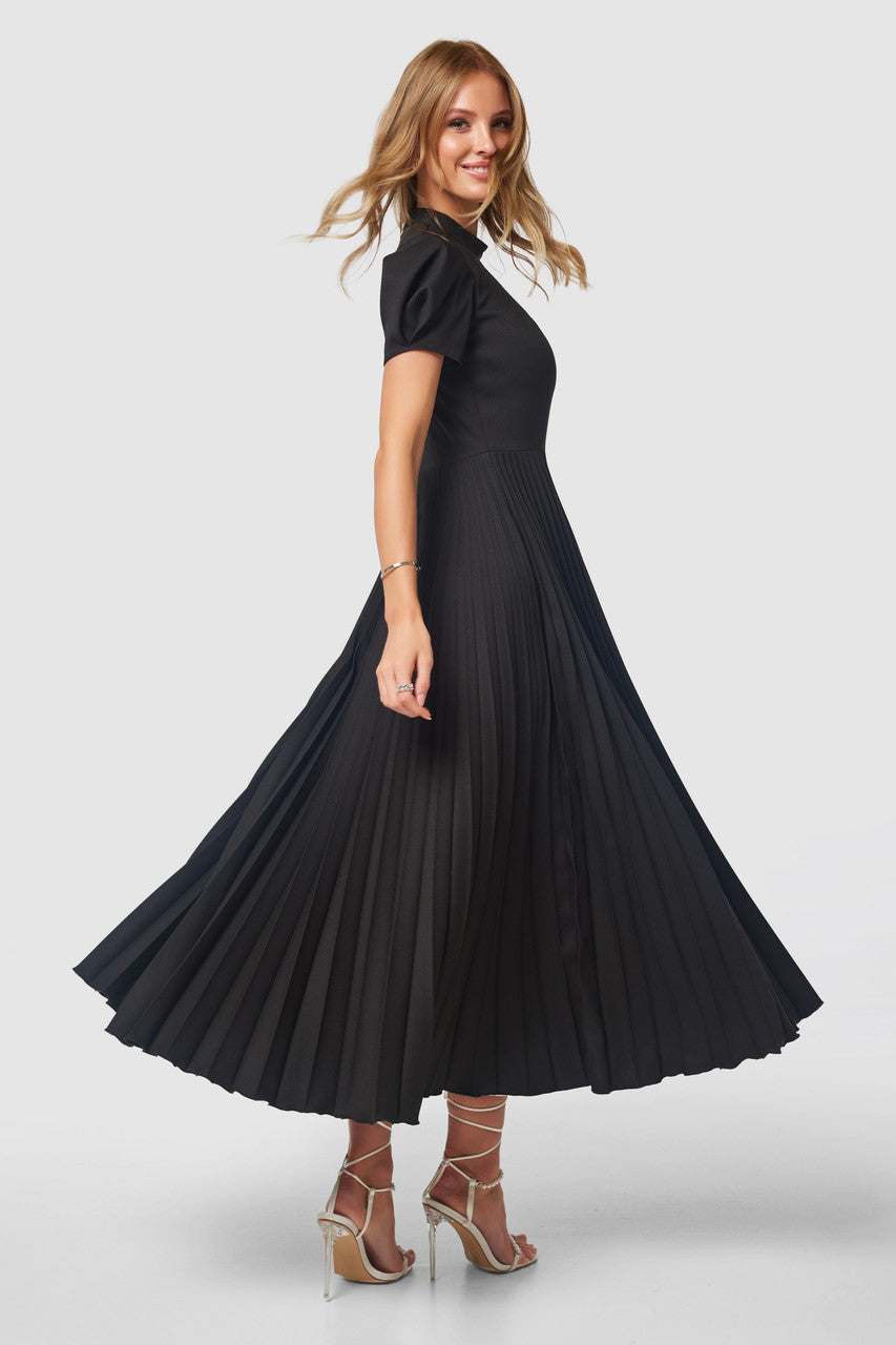 Lilia Black Pleated Midi Dress