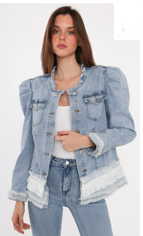 Nikoletta Blue Lace Frill Denim Jacket