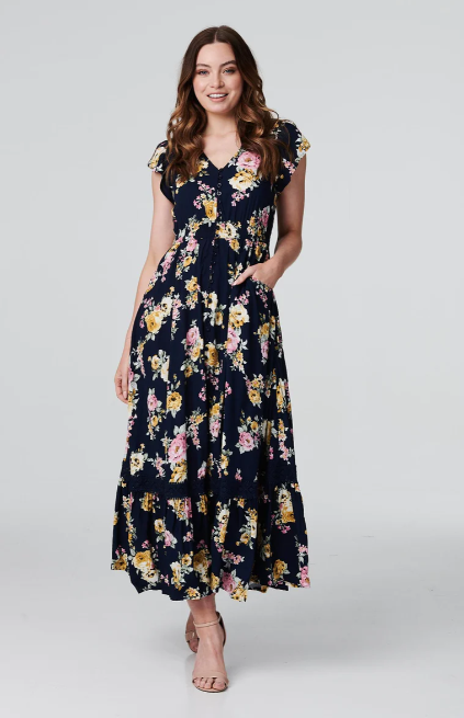 Yolanta Navy Floral Boho Maxi Dress