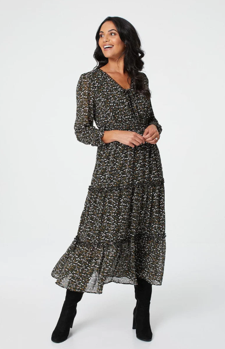 Wrenn Black Flower Print Midi Dress