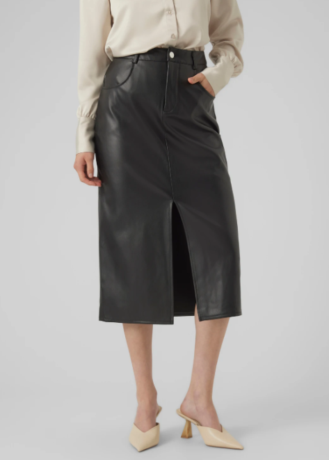 Sif Black Faux Leather Midi Skirt