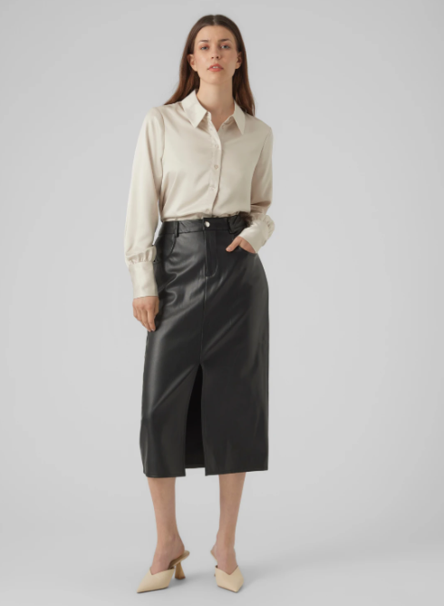 Sif Black Faux Leather Midi Skirt