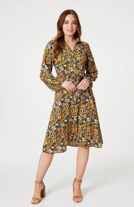 Benedicta Mustard Ikat Print Shirt Dress