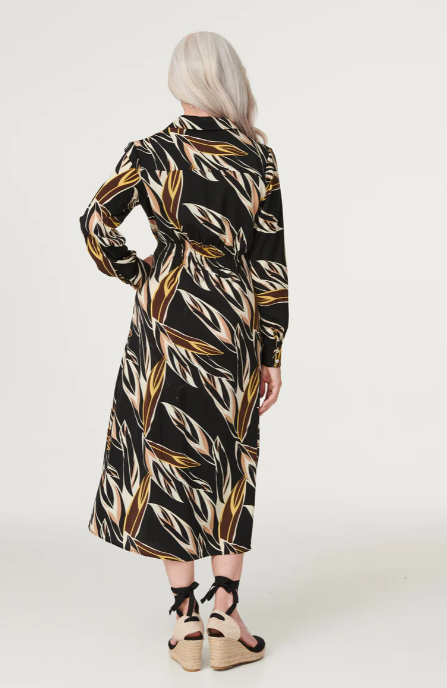 Kaylee Black Leaf Print Shirt Dress