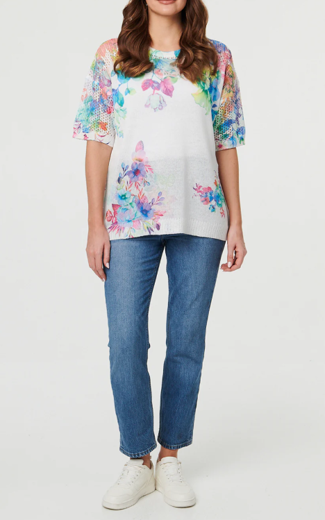 Imelda White Mesh Sleeve Floral Top