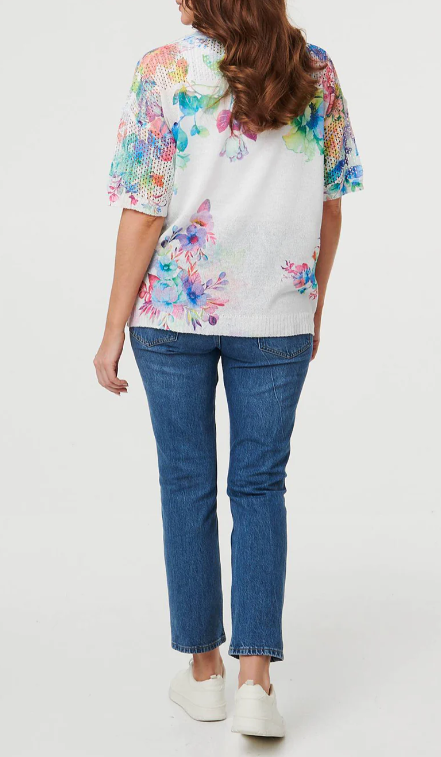 Imelda White Mesh Sleeve Floral Top