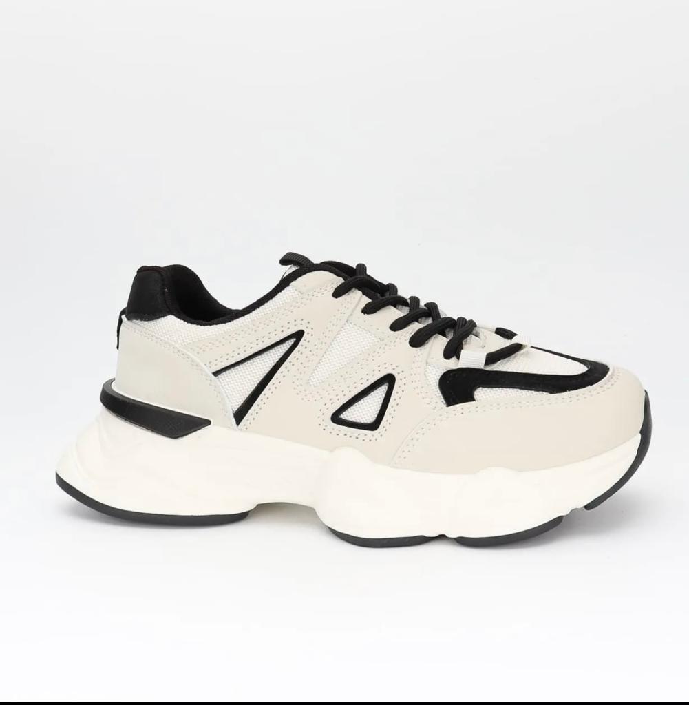 Aryanna Beige Black Chunky Sole Trainers