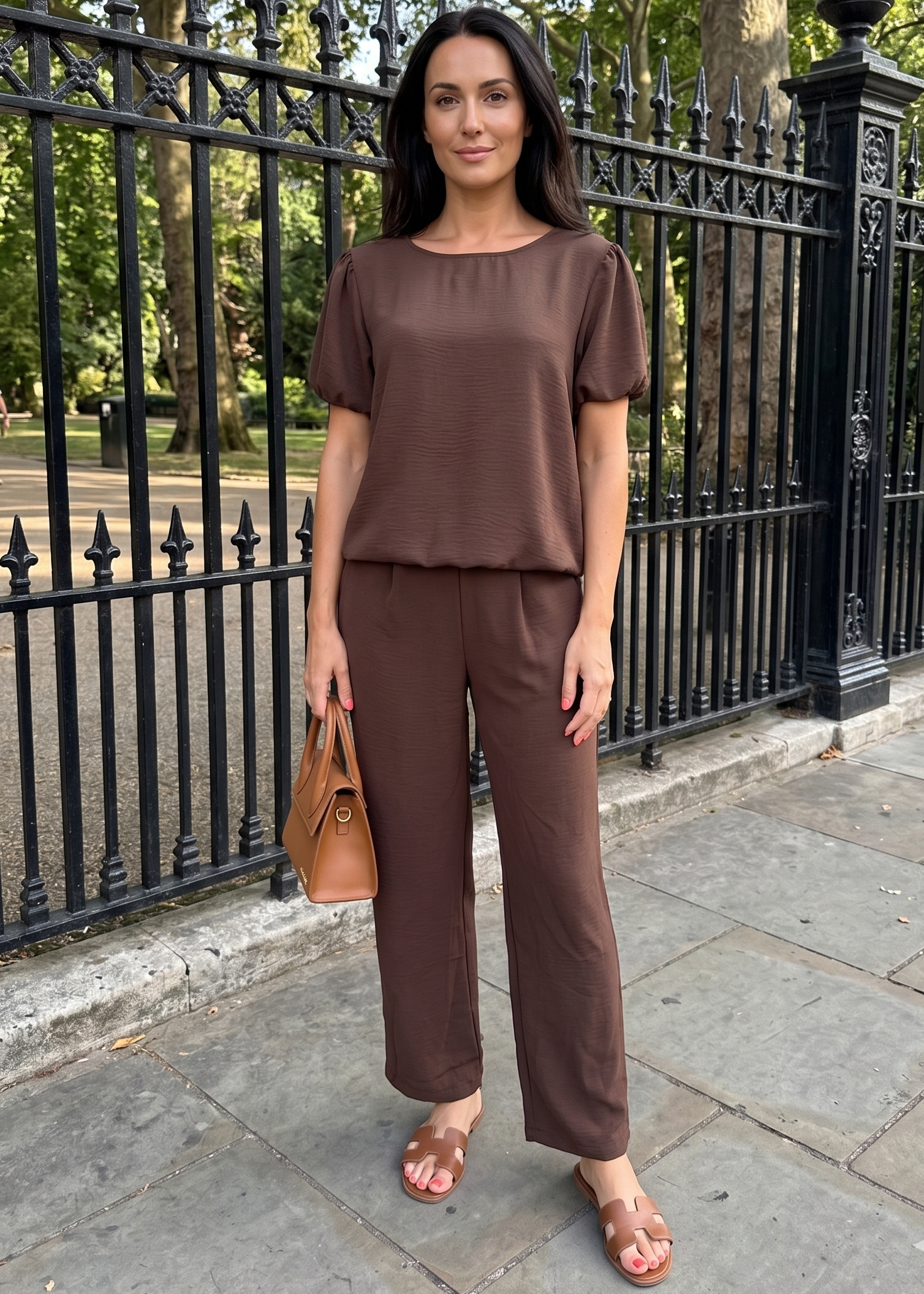 Alish Brown Short Puff Sleeve Set