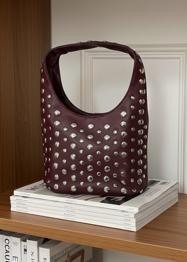 Leonie Dark Red Studded Shoulder Bag