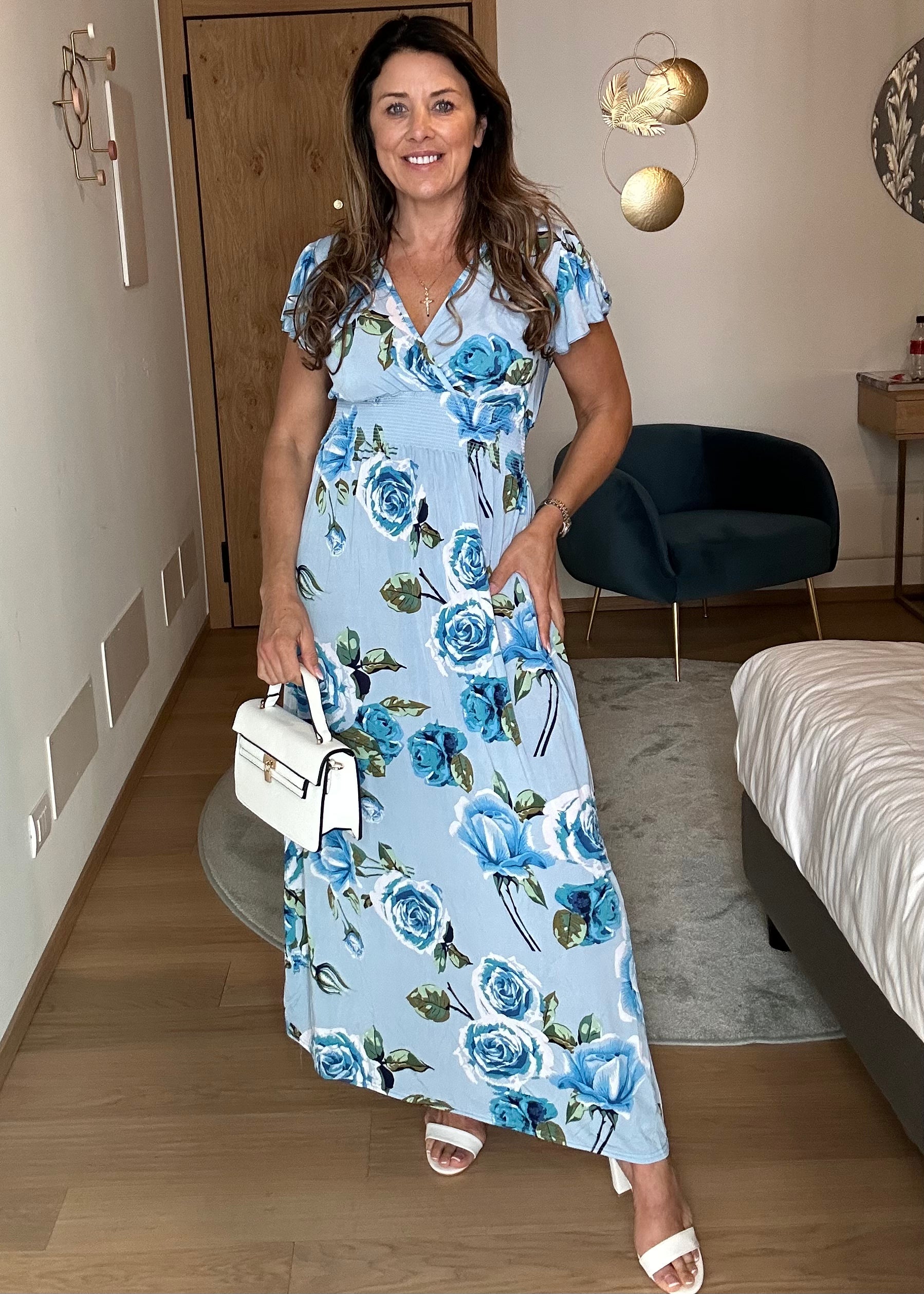Janina Aqua Blue Shirred Waist Maxi Dress