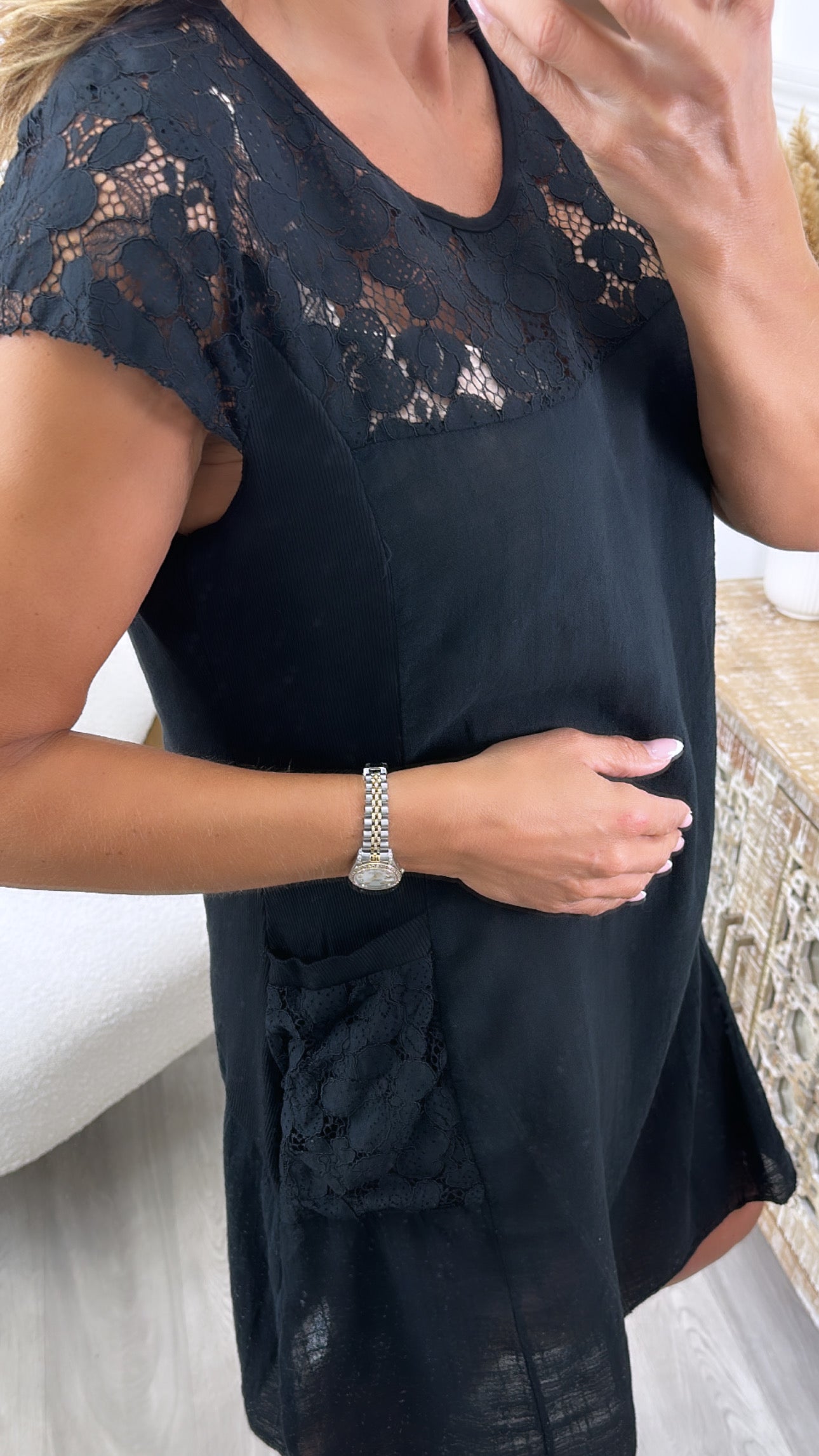 Bruna Black Lace Detail Tunic Dress