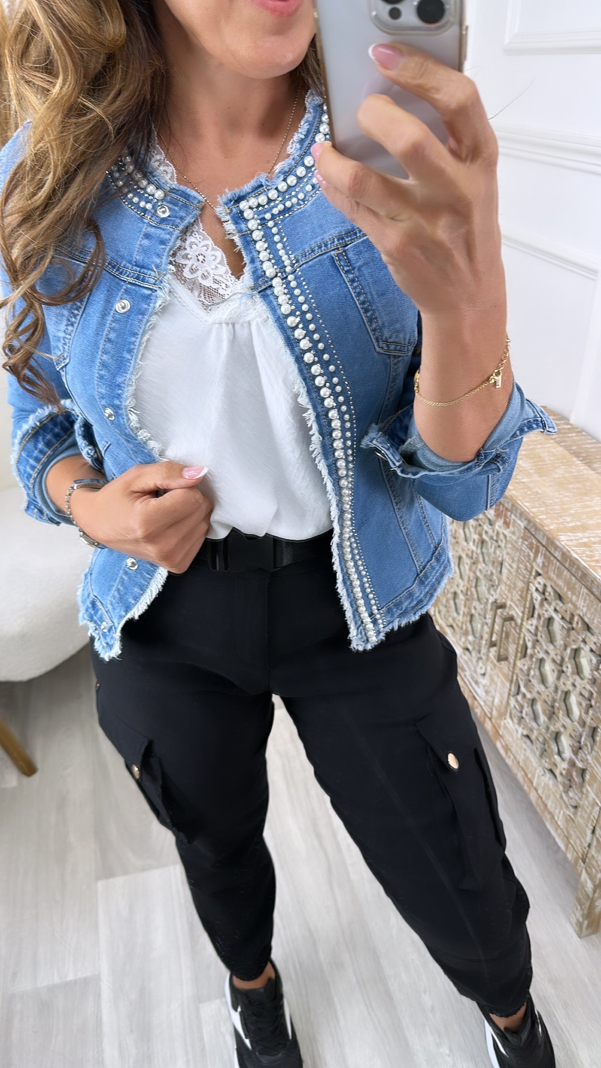 Dionna Blue Pearly Beaded Denim Jacket