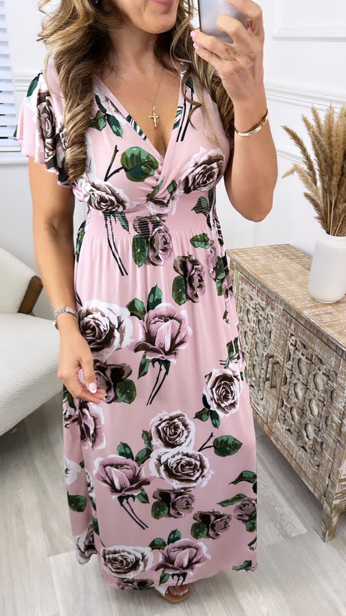Janina Blush Shirred Waist Maxi Dress