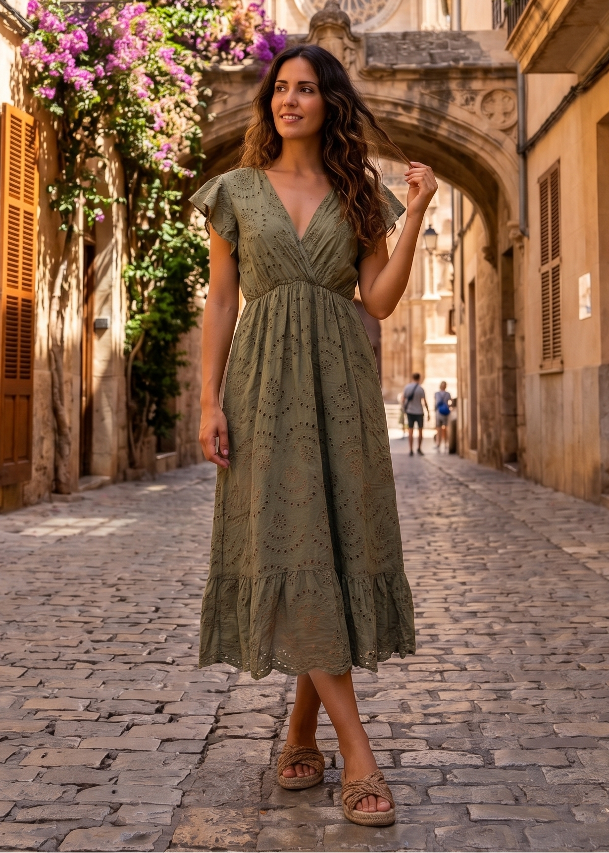 khaki embroidered dress Thaleia Embroidered Kimono Khaki main image 1