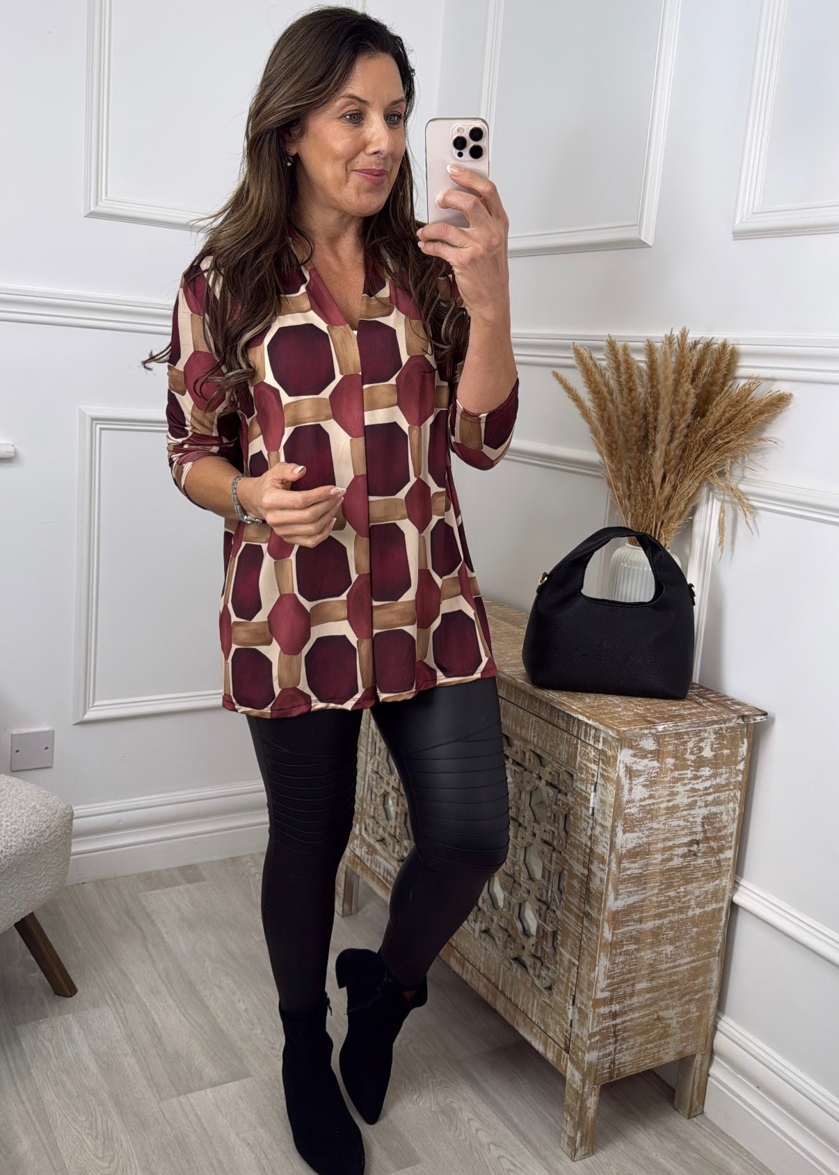 Mirella Wine Print V Neck Top