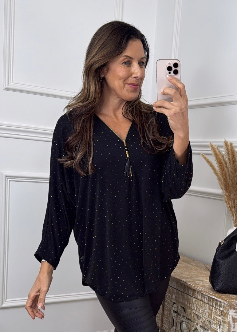 Patrizia Black Rhinestone V Neck
