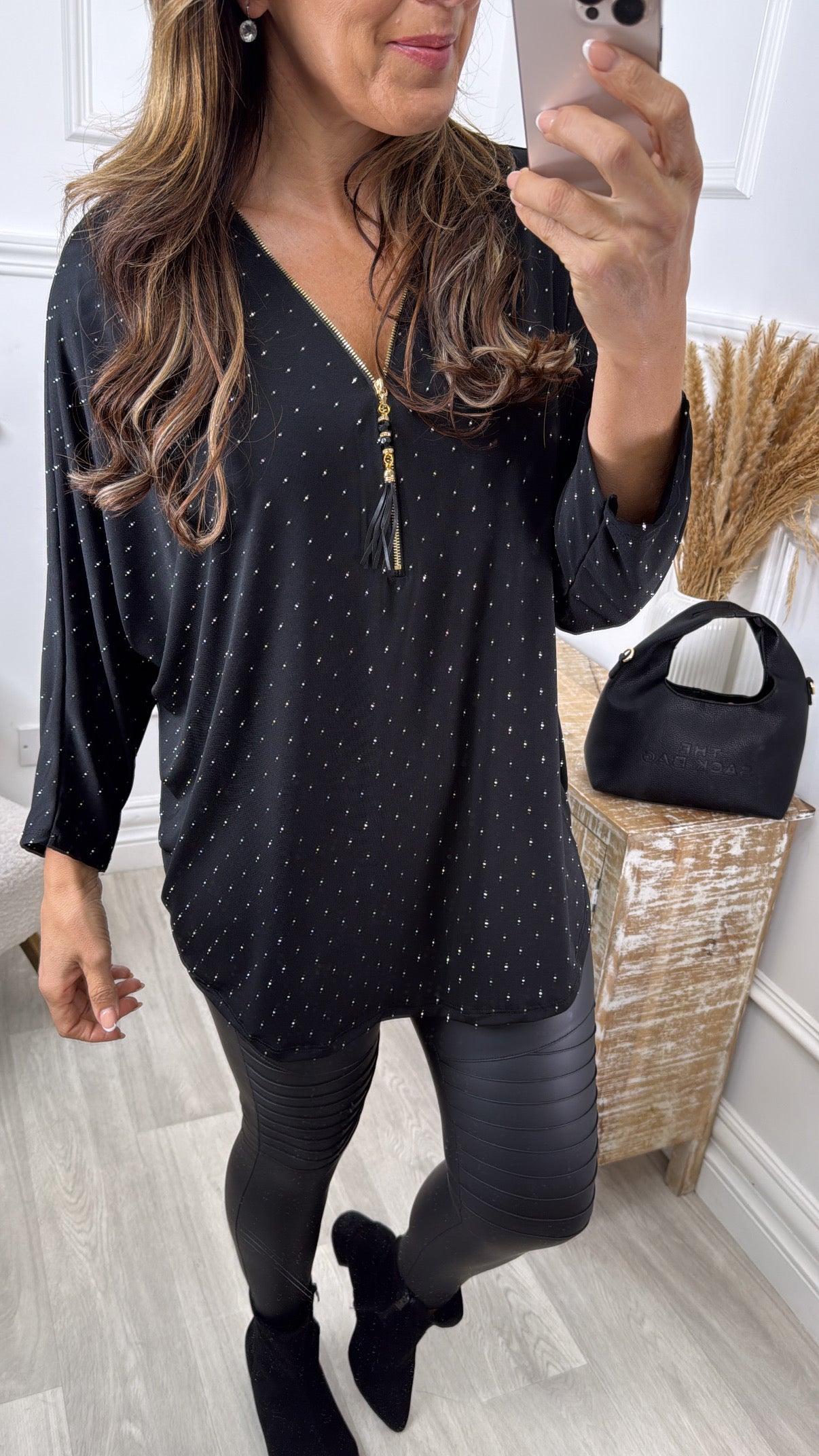 Patrizia Black Rhinestone V Neck