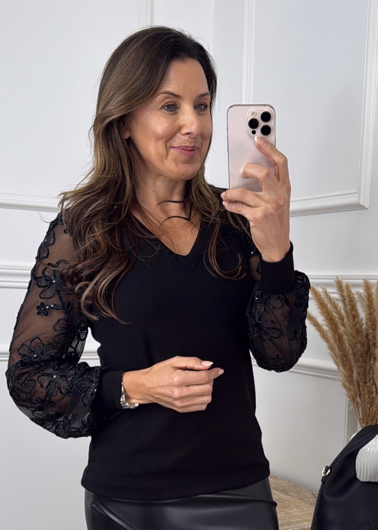 Edel Black Lace Sleeve V Neck Top