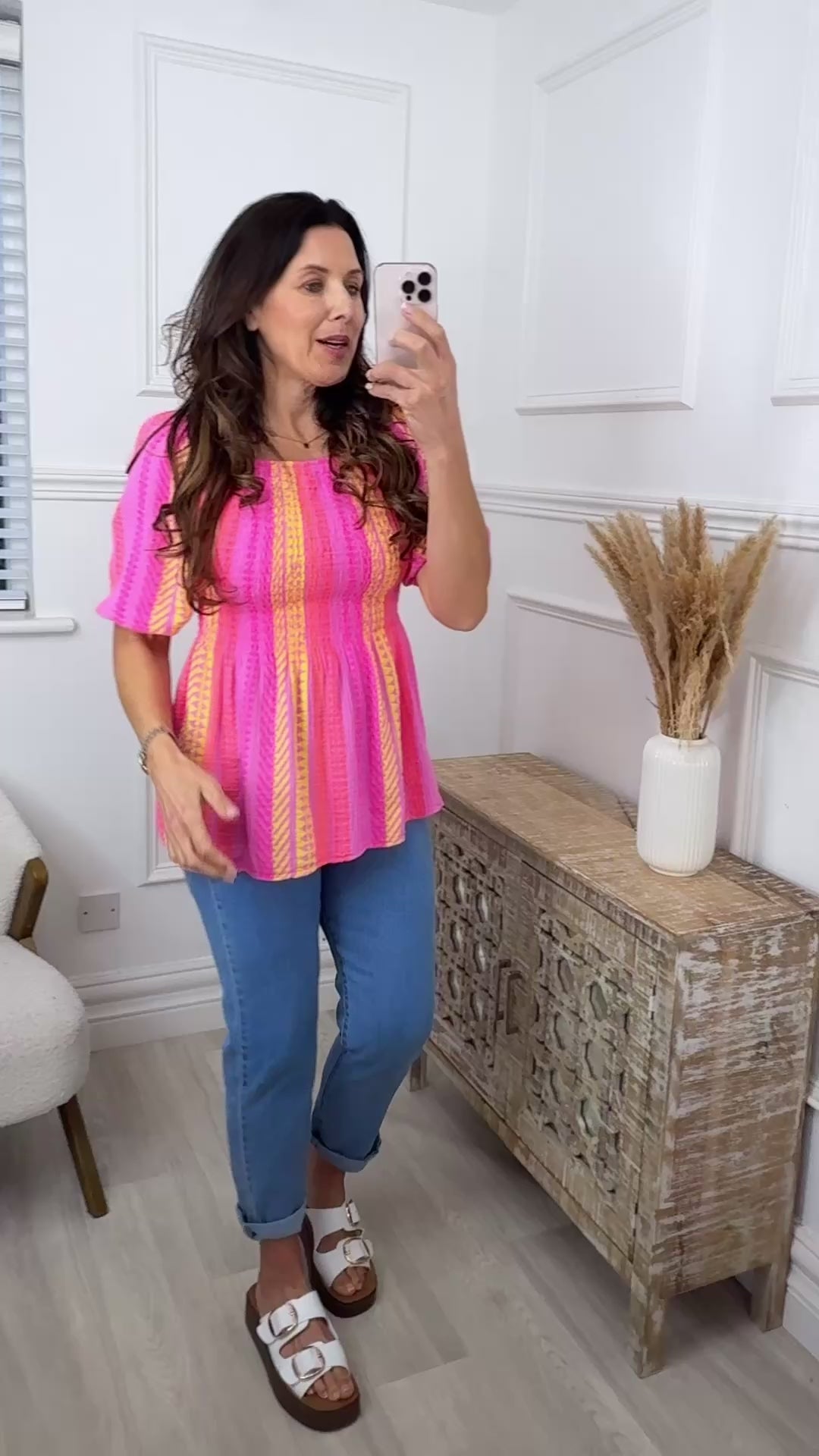 Mathea Pink Tribal Stripe Puff Sleeve Blouse